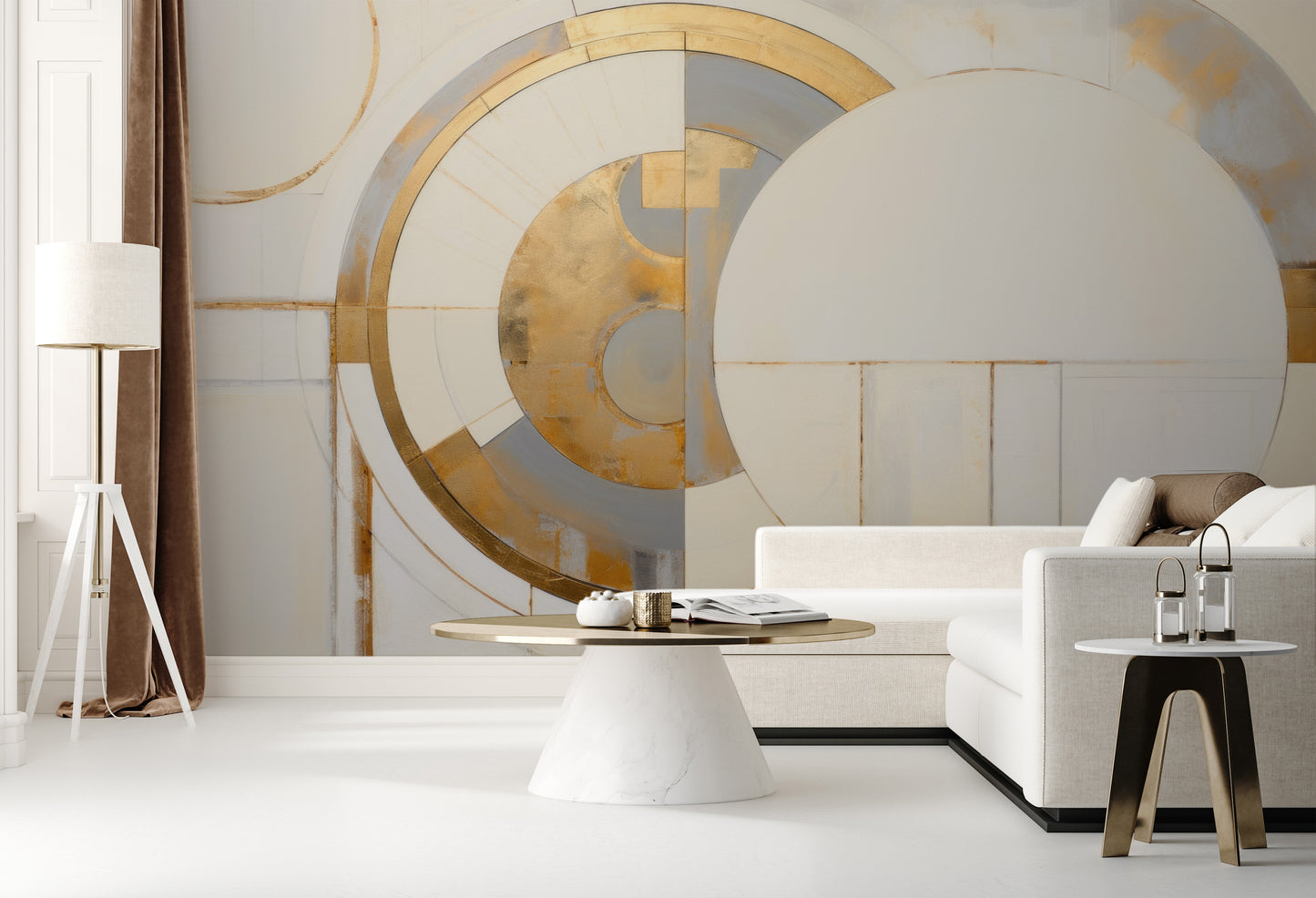Wzór fototapety artystycznej o nazwie CIRCULAR DIVINITY IN GOLD pokazanej w aranżacji wnętrza.