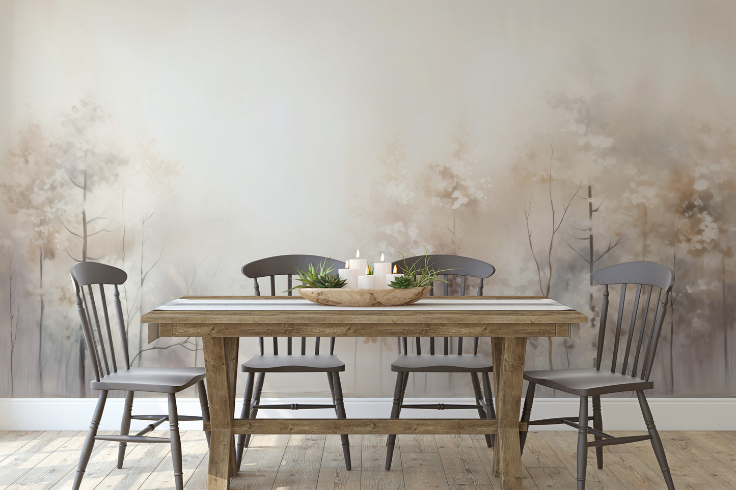 Wzór fototapety malowanej o nazwie DAWN'S GENTLE EMBRACE MURAL pokazanej w aranżacji wnętrza.