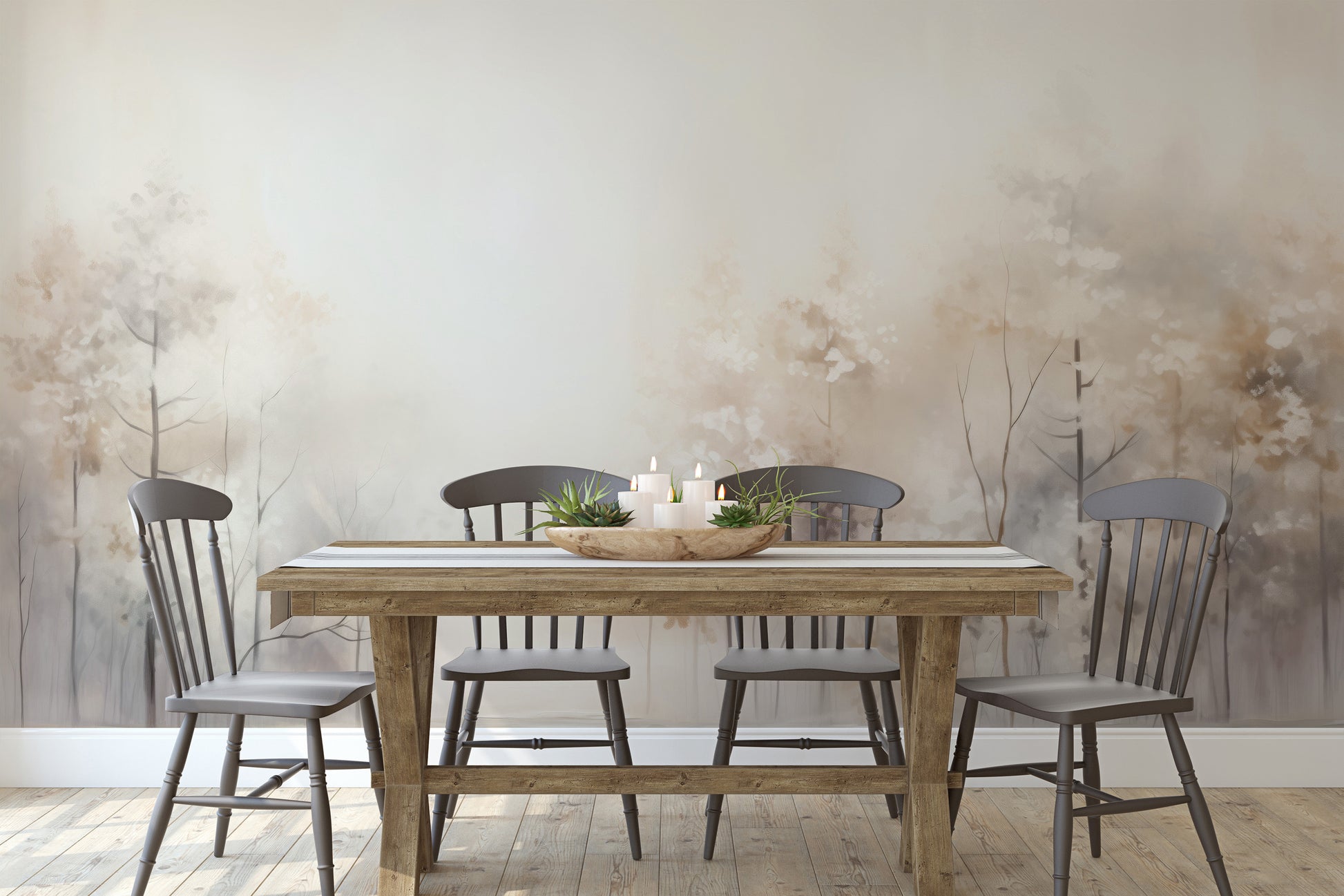 Wzór fototapety malowanej o nazwie DAWN'S GENTLE EMBRACE MURAL pokazanej w aranżacji wnętrza.