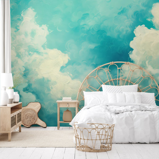 Wzór fototapety artystycznej o nazwie Emerald Nebula pokazanej w aranżacji wnętrza.