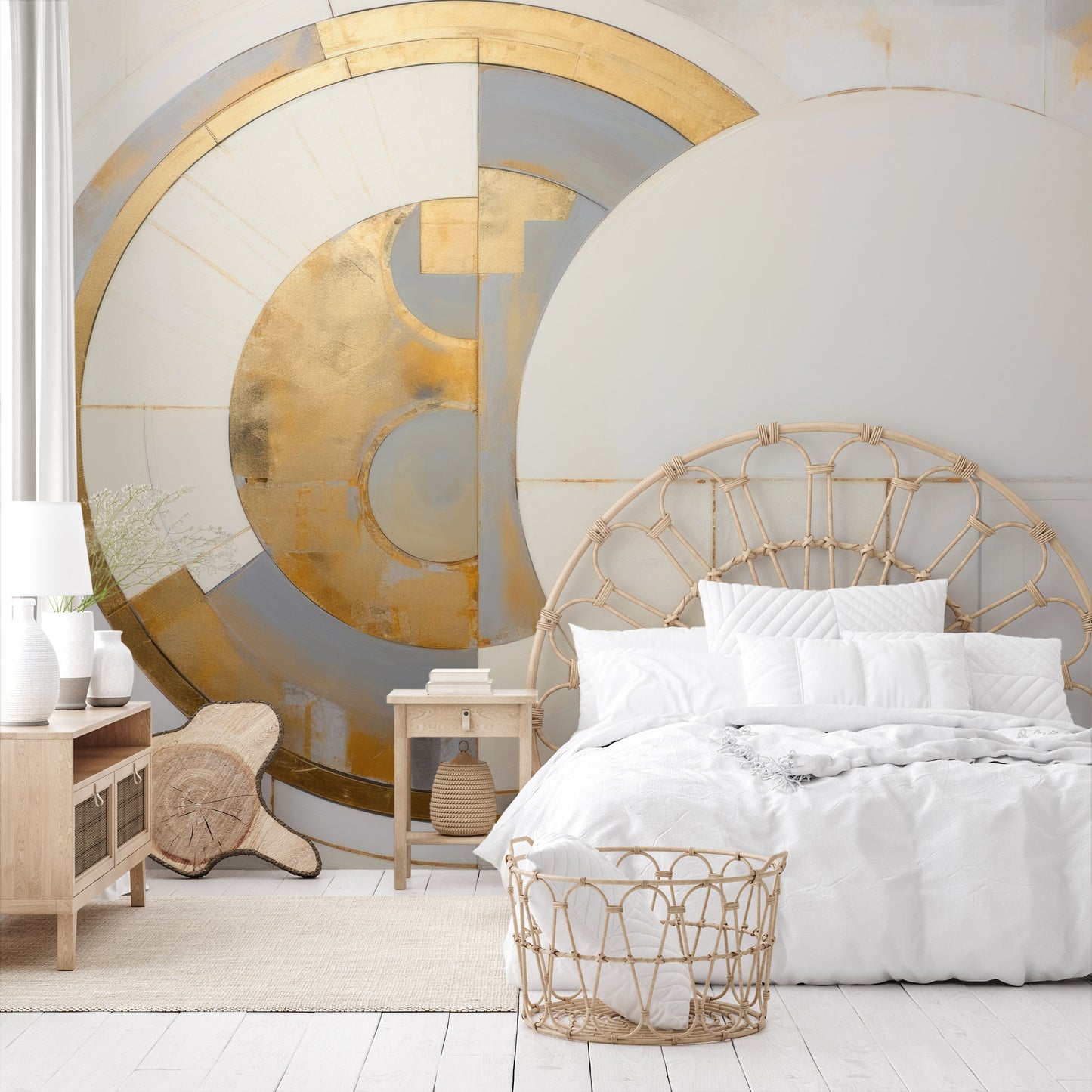 Wzór fototapety malowanej o nazwie CIRCULAR DIVINITY IN GOLD pokazanej w aranżacji wnętrza.