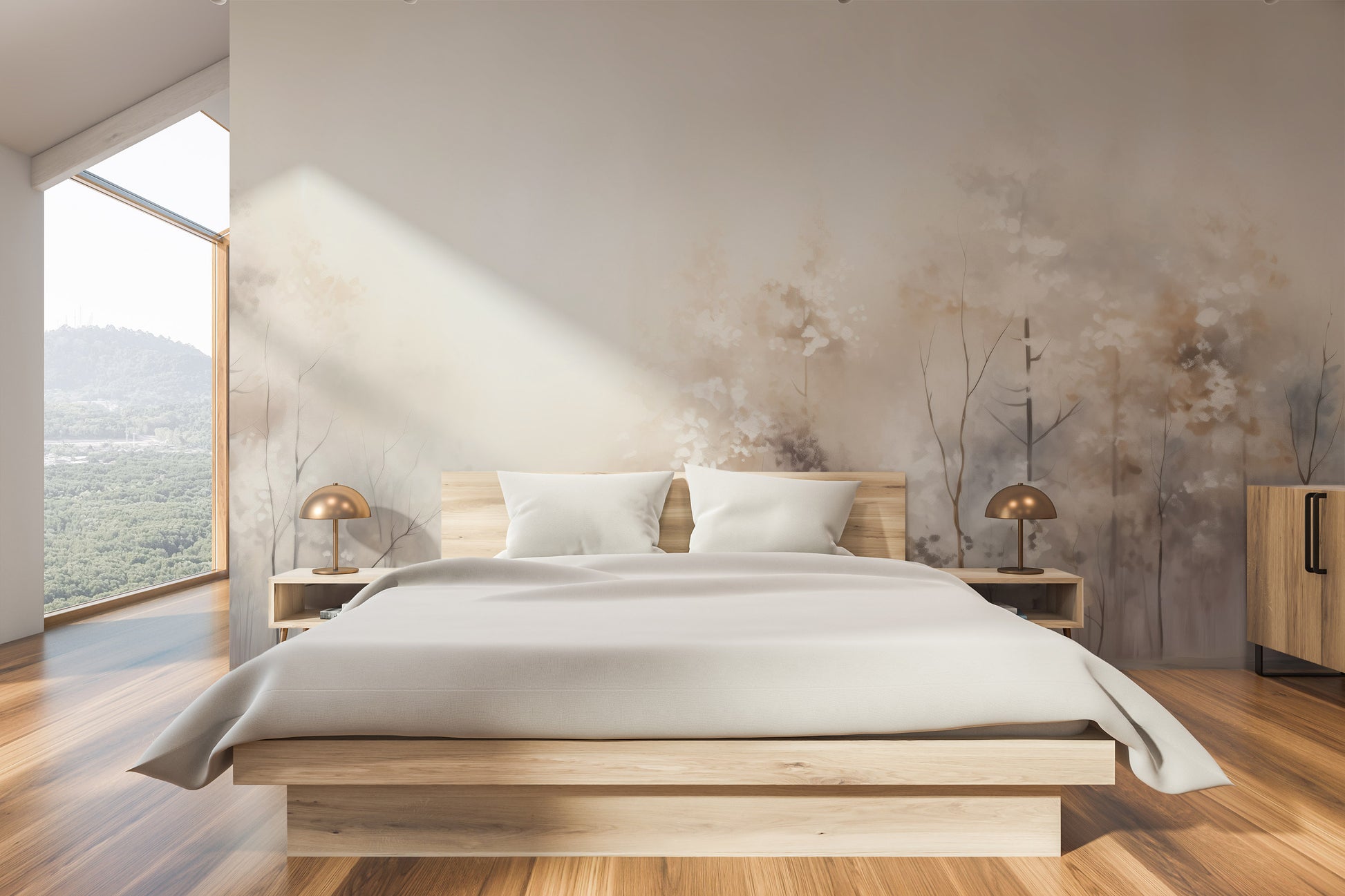 Wzór fototapety artystycznej o nazwie DAWN'S GENTLE EMBRACE MURAL pokazanej w aranżacji wnętrza.