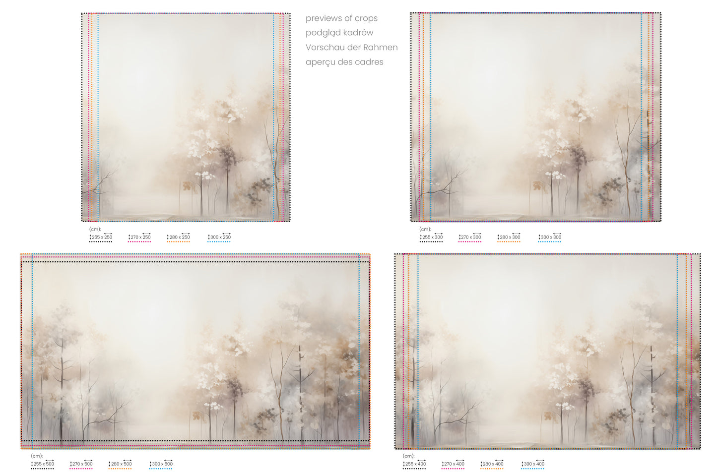 Na obrazie znajduje się prezentacja przykładowych rozmiarów fototapety o nazwie DAWN'S GENTLE EMBRACE MURAL. Rozmiar fototapety jest dowolny.