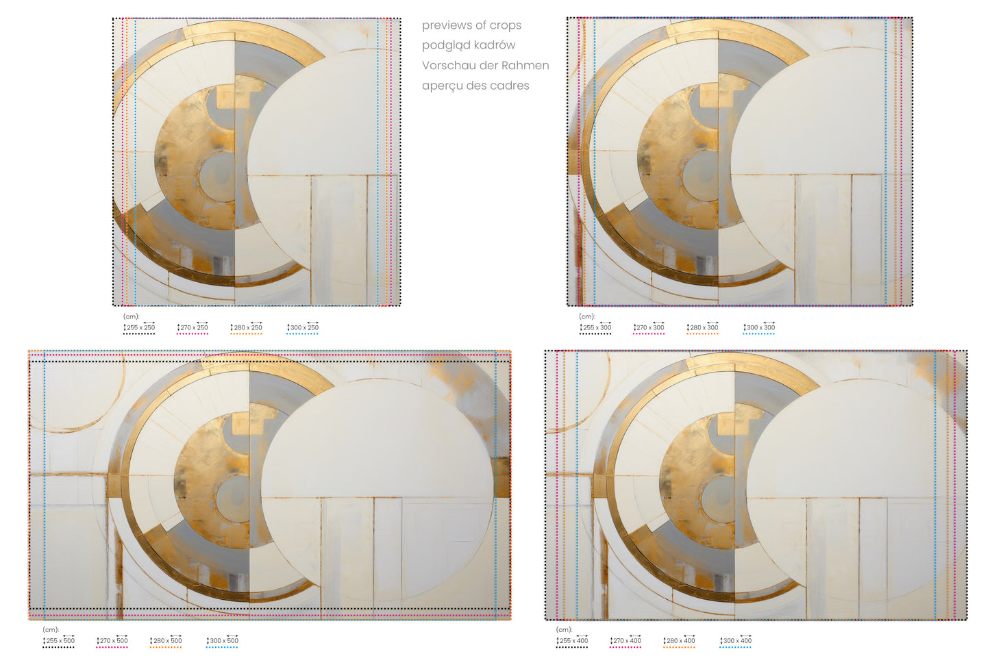 Na obrazie znajduje się prezentacja przykładowych rozmiarów fototapety o nazwie CIRCULAR DIVINITY IN GOLD. Rozmiar fototapety jest dowolny.
