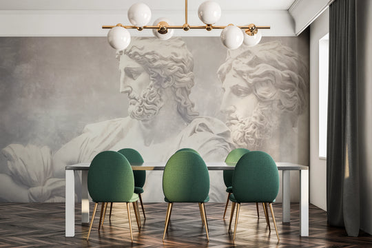 Wzór fototapety artystycznej o nazwie Serene Titans pokazanej w aranżacji wnętrza.