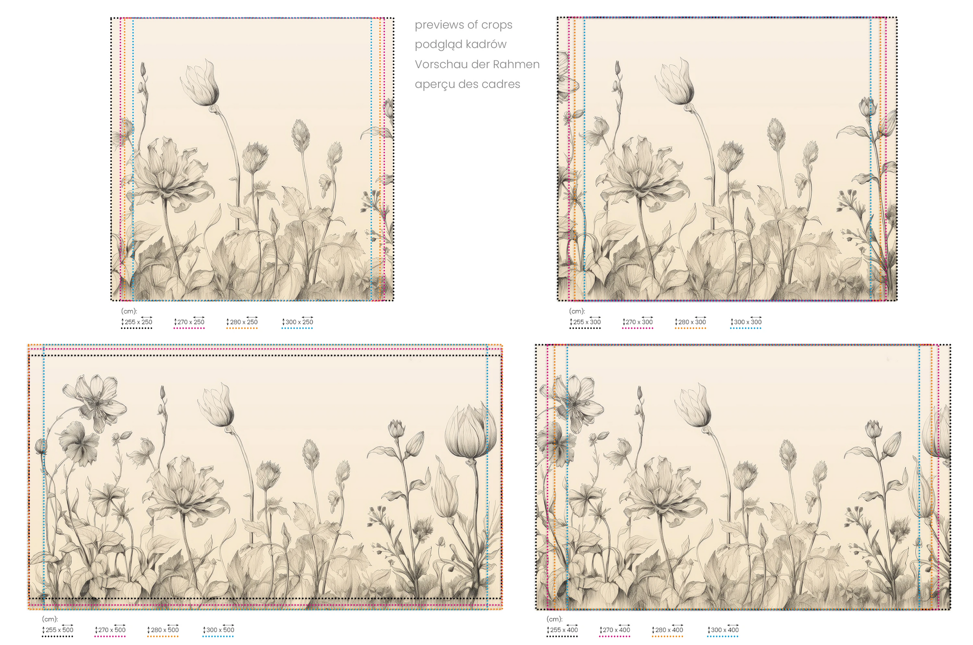 Na obrazie znajduje się prezentacja przykładowych rozmiarów fototapety o nazwie Gentle Tulips. Rozmiar fototapety jest dowolny.