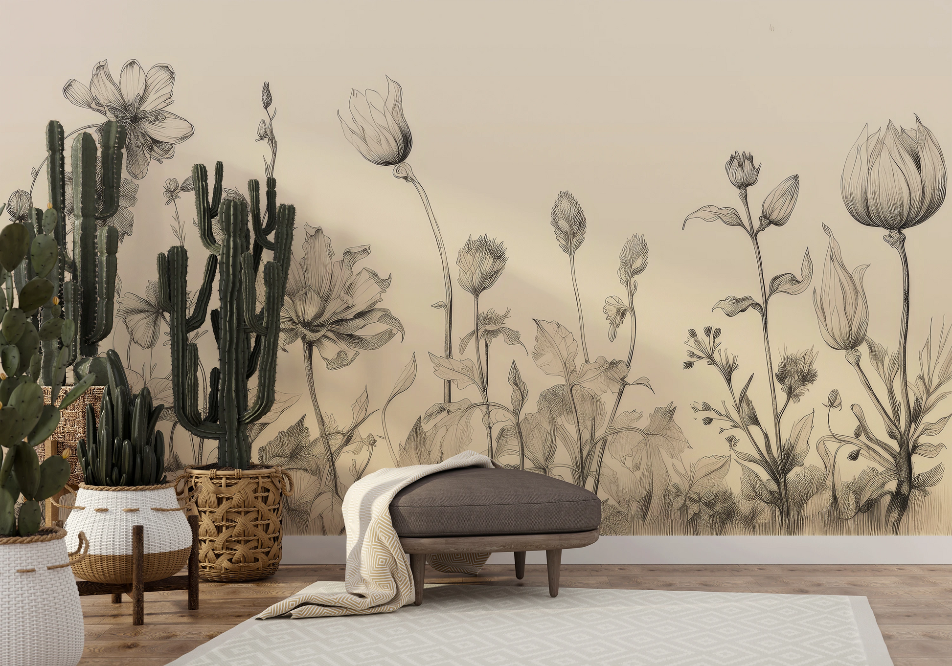 Wzór fototapety artystycznej o nazwie Gentle Tulips pokazanej w aranżacji wnętrza.