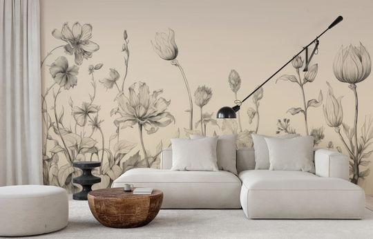 Wzór fototapety artystycznej o nazwie Gentle Tulips pokazanej w aranżacji wnętrza.