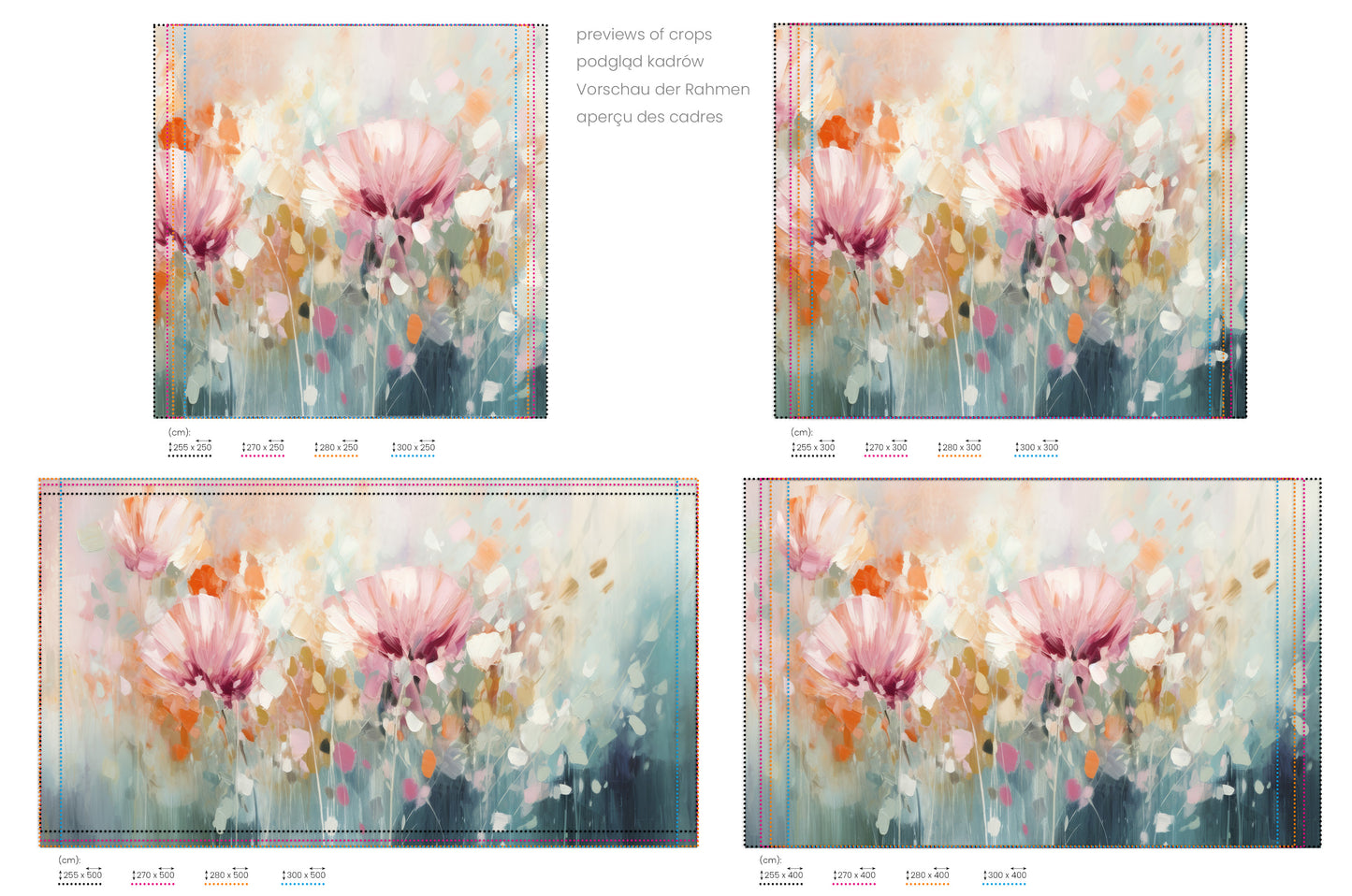 Na obrazie znajduje się prezentacja przykładowych rozmiarów fototapety o nazwie Serene Lily Elegance. Rozmiar fototapety jest dowolny.