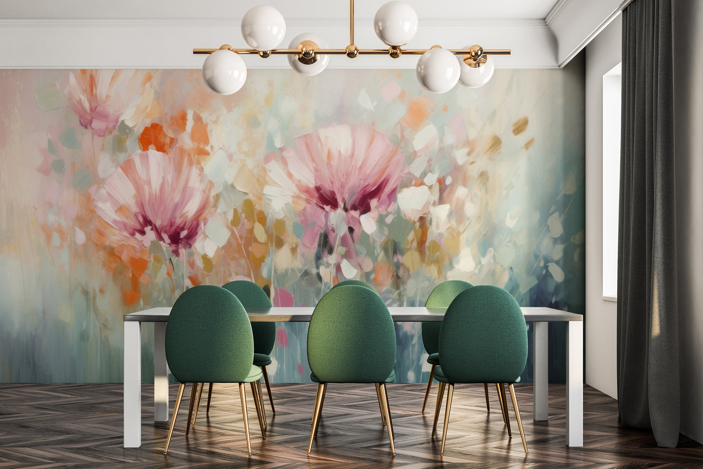 Wzór fototapety malowanej o nazwie Serene Lily Elegance pokazanej w aranżacji wnętrza.