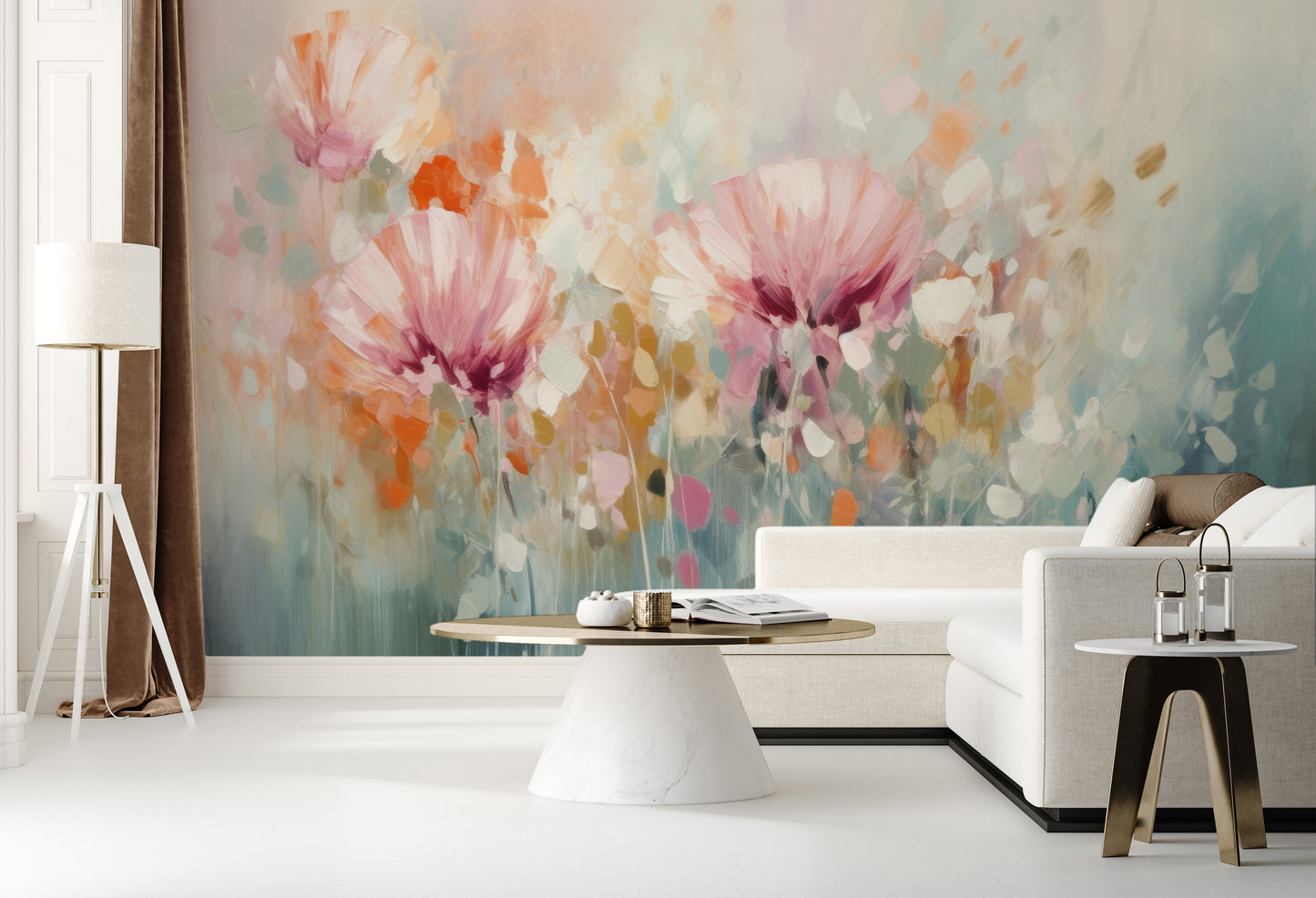 Wzór fototapety o nazwie Serene Lily Elegance pokazanej w kontekście pomieszczenia.