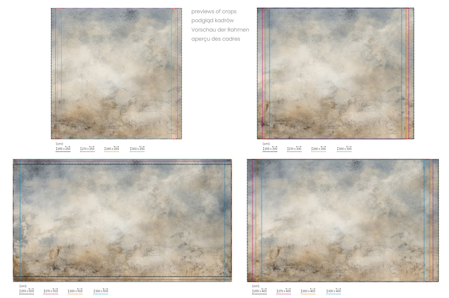 Na obrazie znajduje się prezentacja przykładowych rozmiarów fototapety o nazwie ANTIQUE CLOUD TAPESTRY. Rozmiar fototapety jest dowolny.