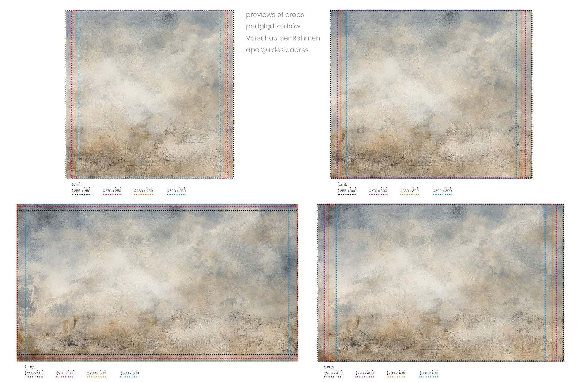Na obrazie znajduje się prezentacja przykładowych rozmiarów fototapety o nazwie ANTIQUE CLOUD TAPESTRY. Rozmiar fototapety jest dowolny.