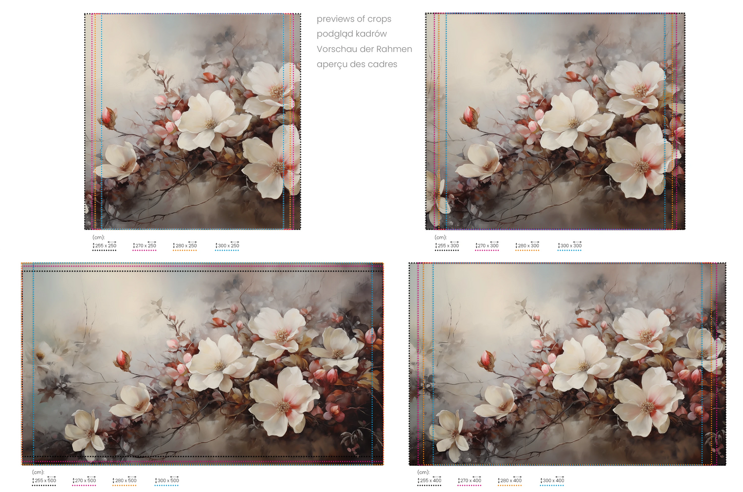 Na obrazie znajduje się prezentacja przykładowych rozmiarów fototapety o nazwie Misty Blossom Haze. Rozmiar fototapety jest dowolny.