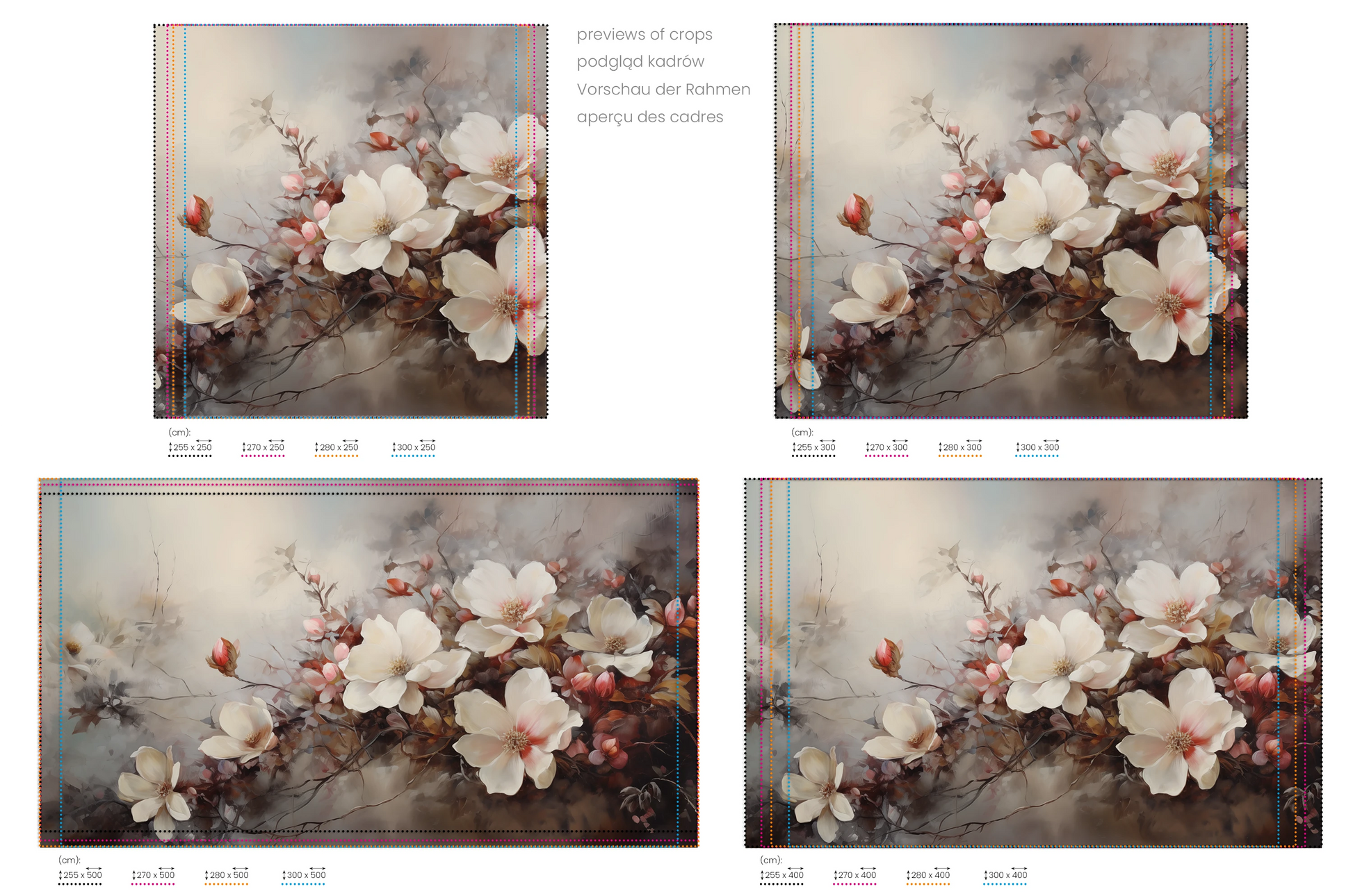 Na obrazie znajduje się prezentacja przykładowych rozmiarów fototapety o nazwie Misty Blossom Haze. Rozmiar fototapety jest dowolny.