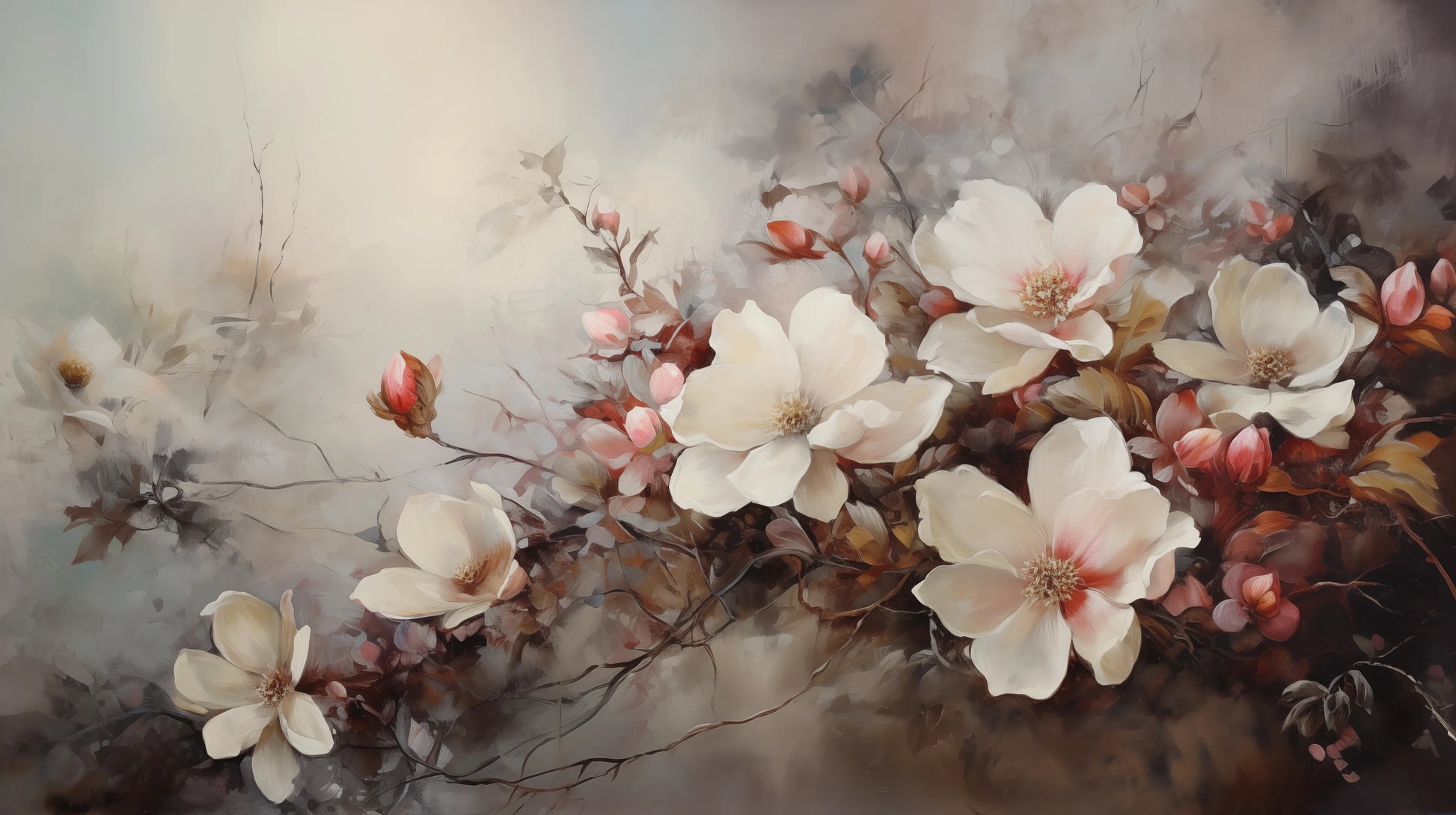 Prezentacja całego wzoru fototapety o nazwie Misty Blossom Haze