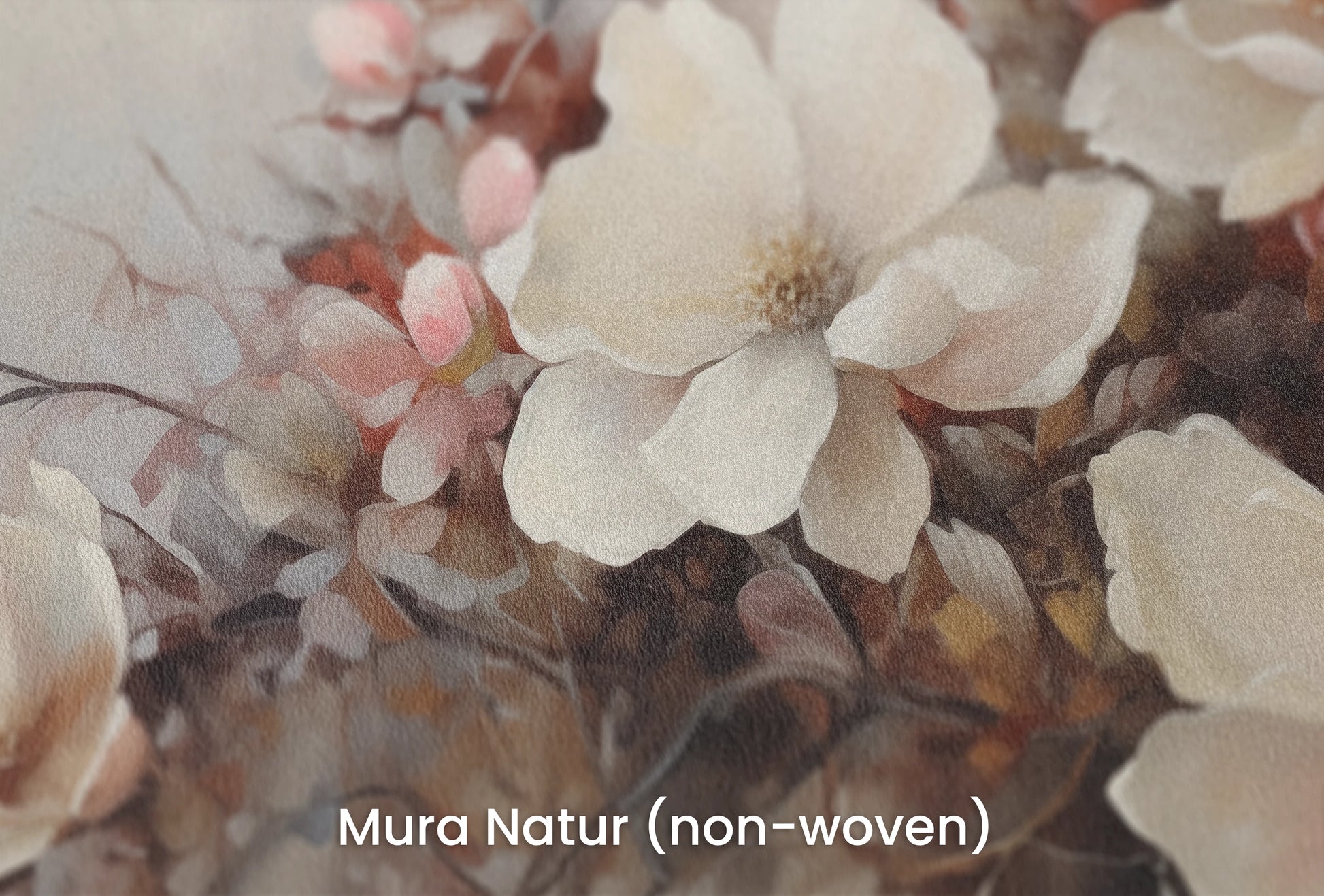 Zbliżenie na artystyczną fototapetę o nazwie Misty Blossom Haze na podłożu Mura Natur (non-woven) - naturalne i ekologiczne podłoże.