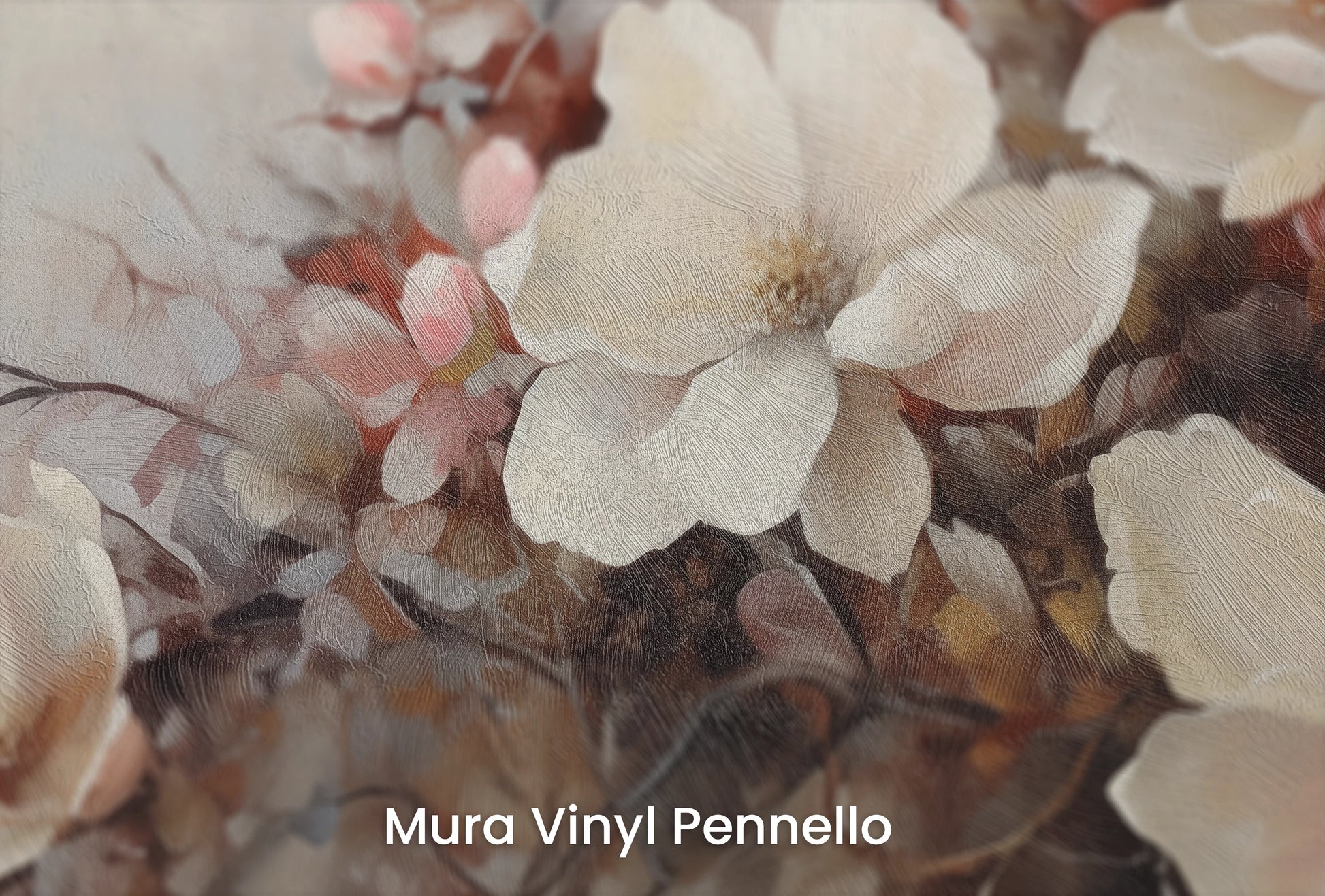 Zbliżenie na artystyczną fototapetę o nazwie Misty Blossom Haze na podłożu Mura Vinyl Pennello - faktura pociągnięć pędzla malarskiego.