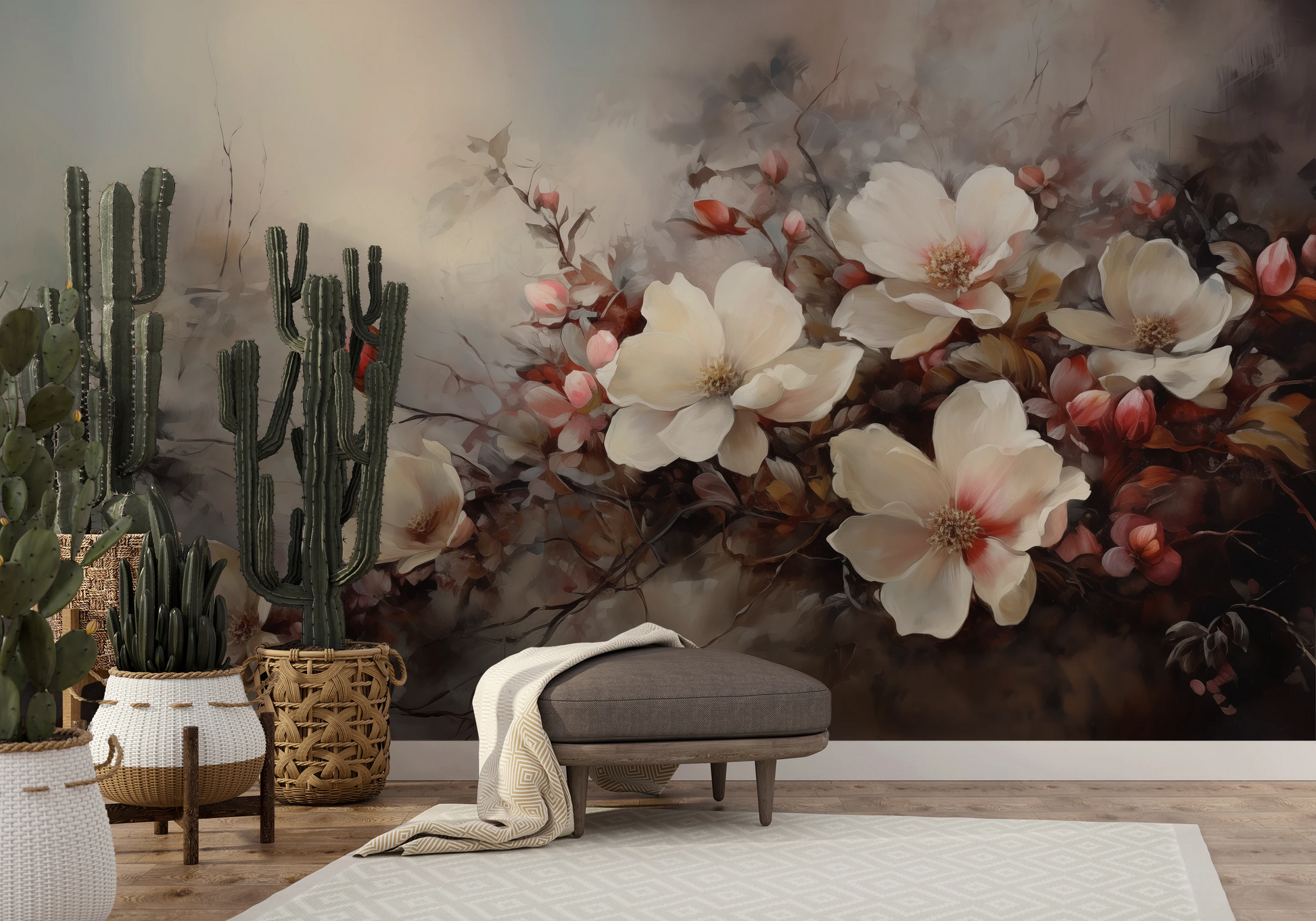 Wzór fototapety malowanej o nazwie Misty Blossom Haze pokazanej w aranżacji wnętrza.