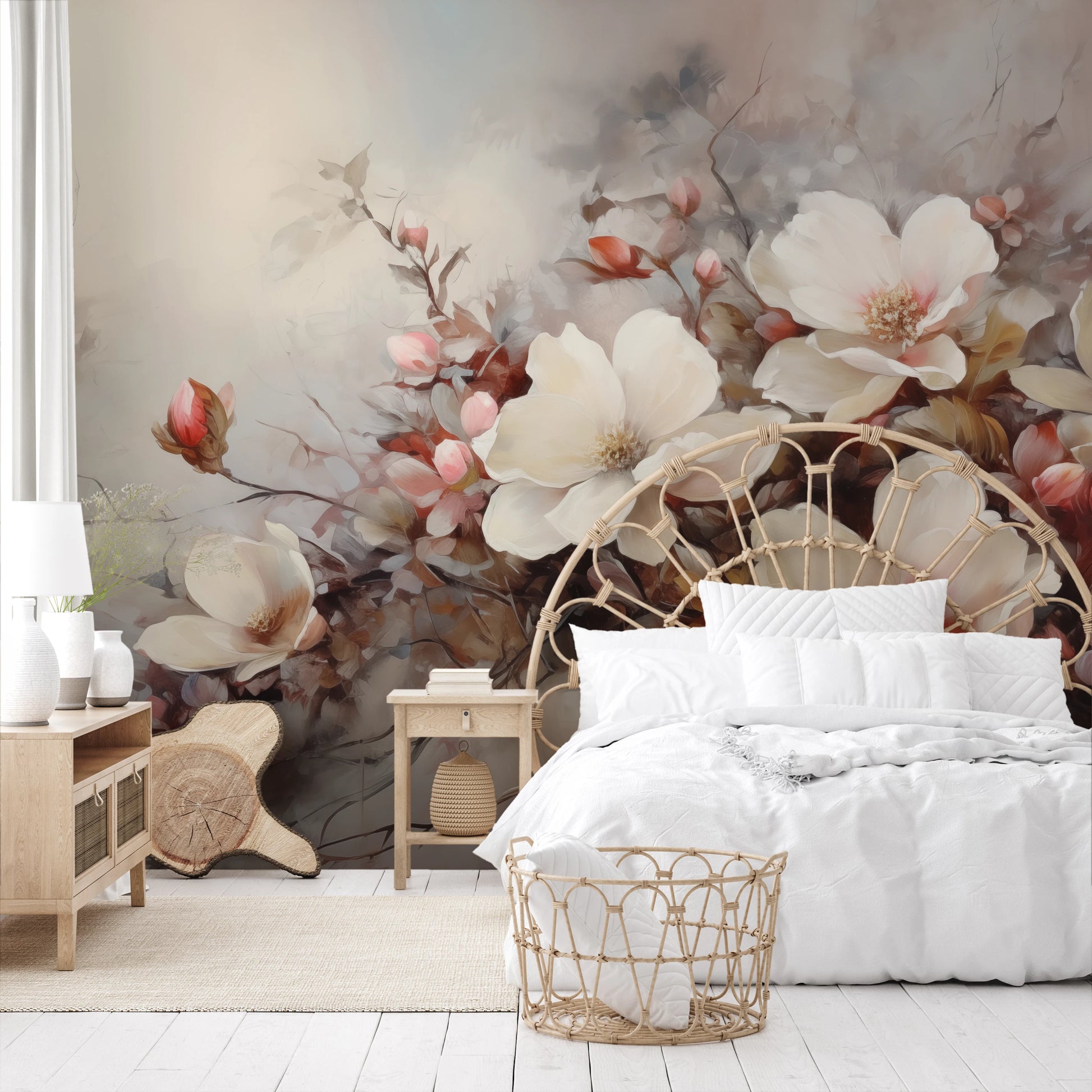 Wzór fototapety artystycznej o nazwie Misty Blossom Haze pokazanej w aranżacji wnętrza.