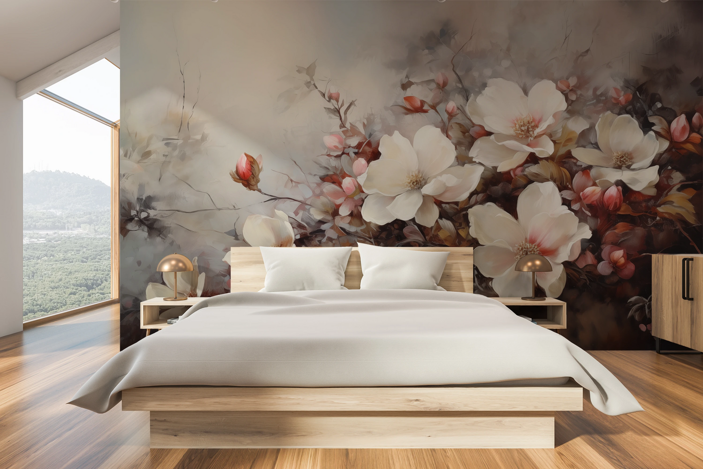 Wzór fototapety o nazwie Misty Blossom Haze pokazanej w kontekście pomieszczenia.