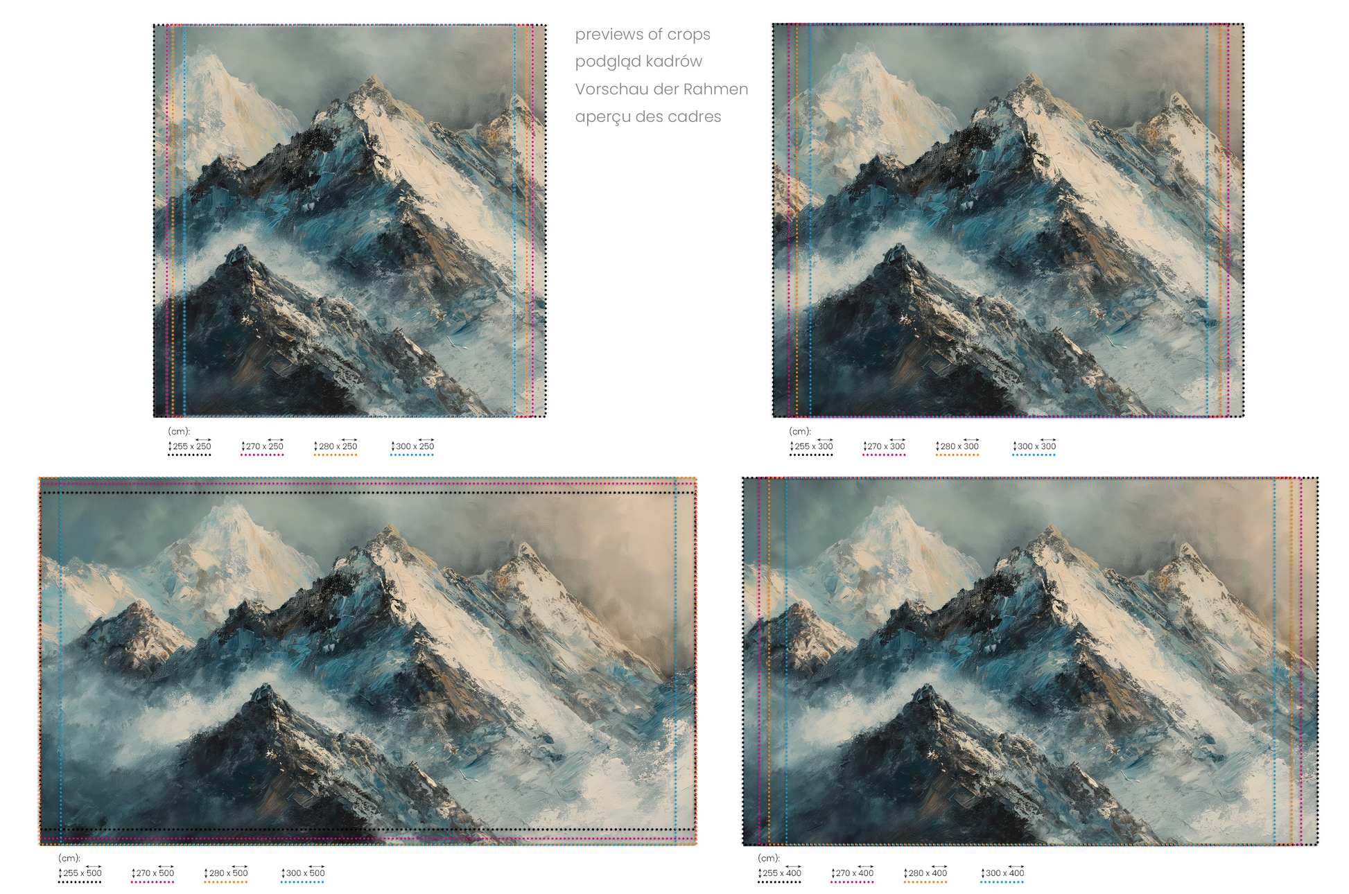 Na obrazie znajduje się prezentacja przykładowych rozmiarów fototapety o nazwie Monochrome Peaks. Rozmiar fototapety jest dowolny.