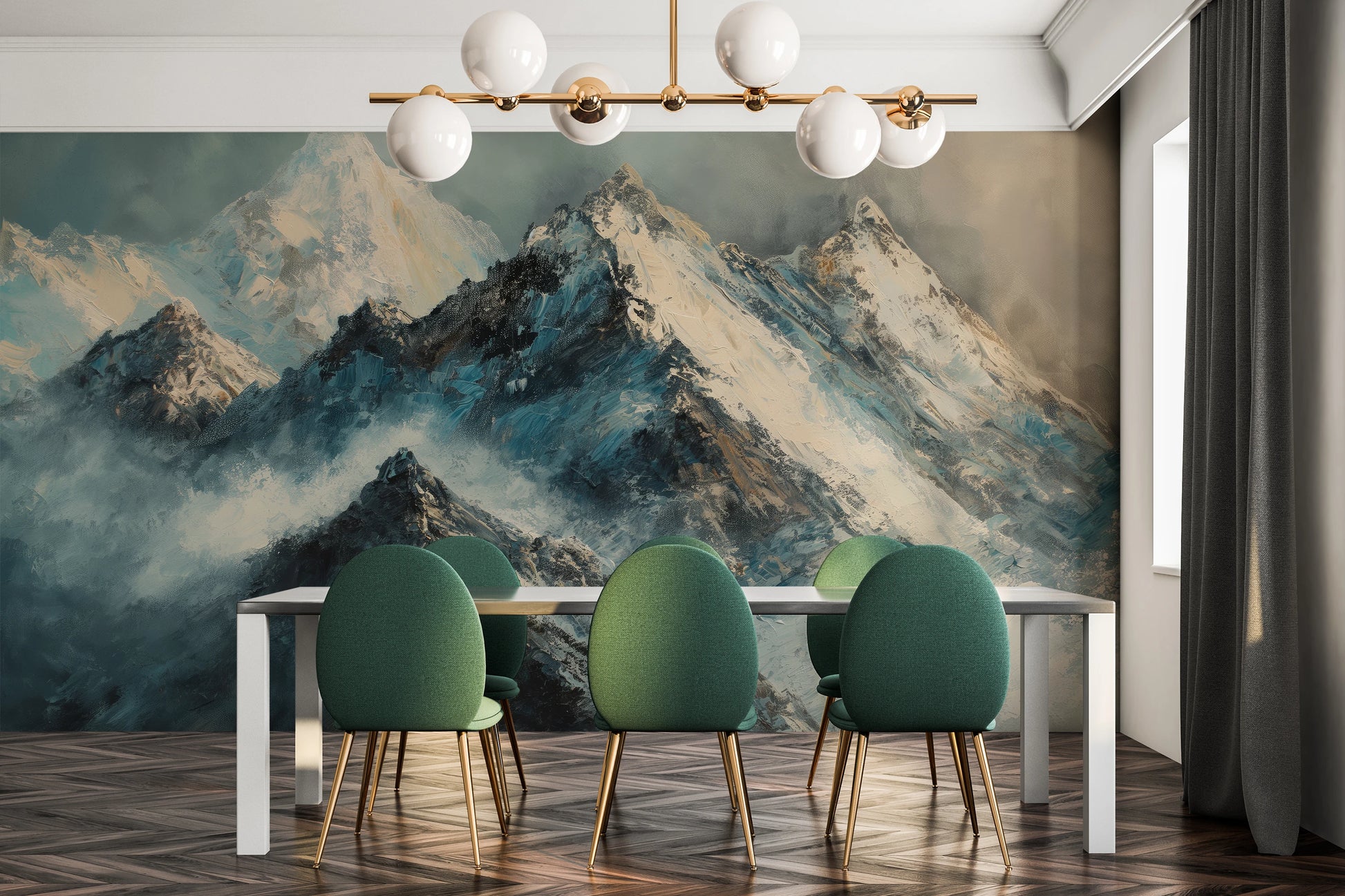 Zdjęcie prezentuje aranżację wnętrza z użyciem fototapety o nazwie Monochrome Peaks pokazanej w aranżacji wnętrza.