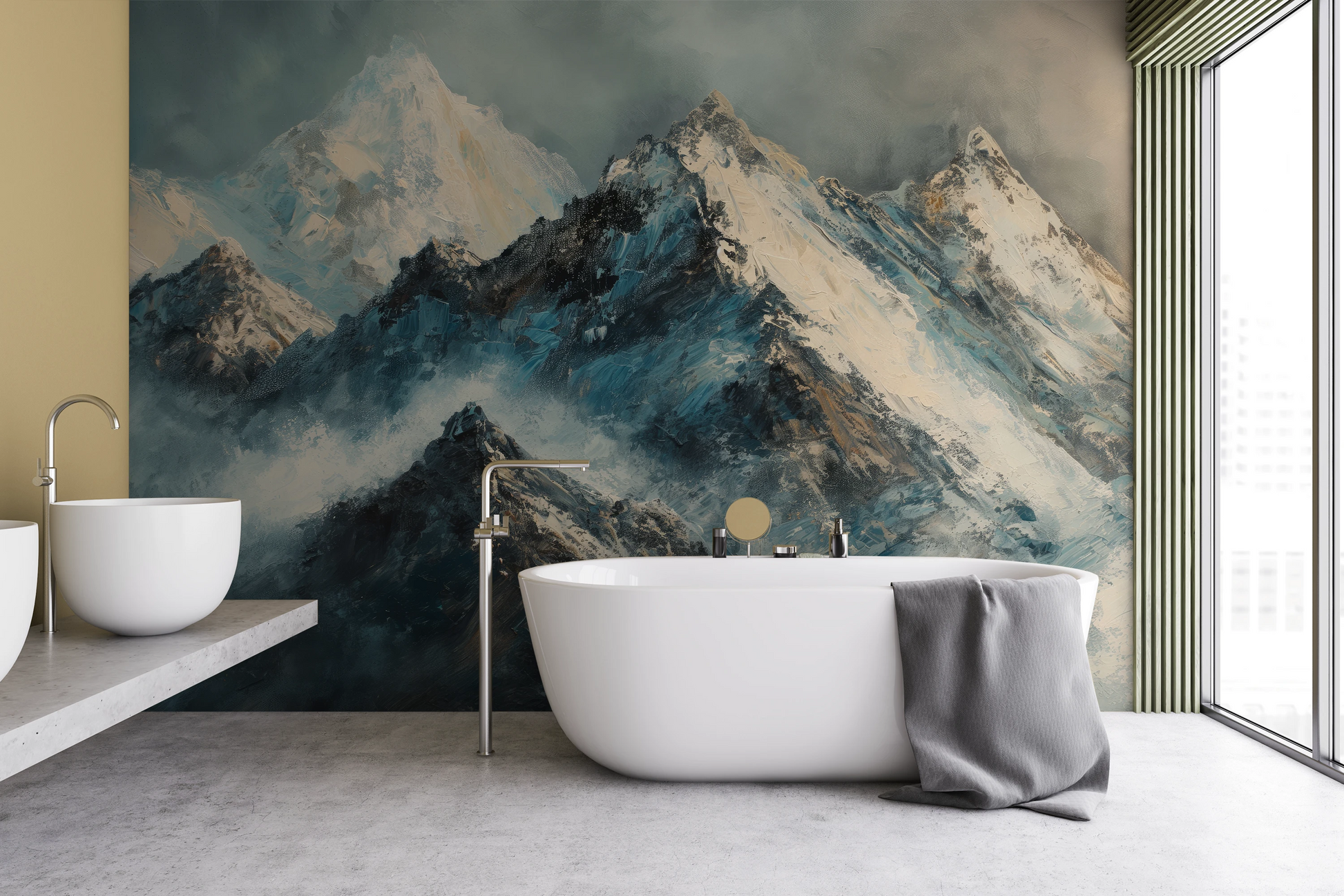 Fototapeta artystyczna o nazwie Monochrome Peaks pokazana w aranżacji wnętrza.