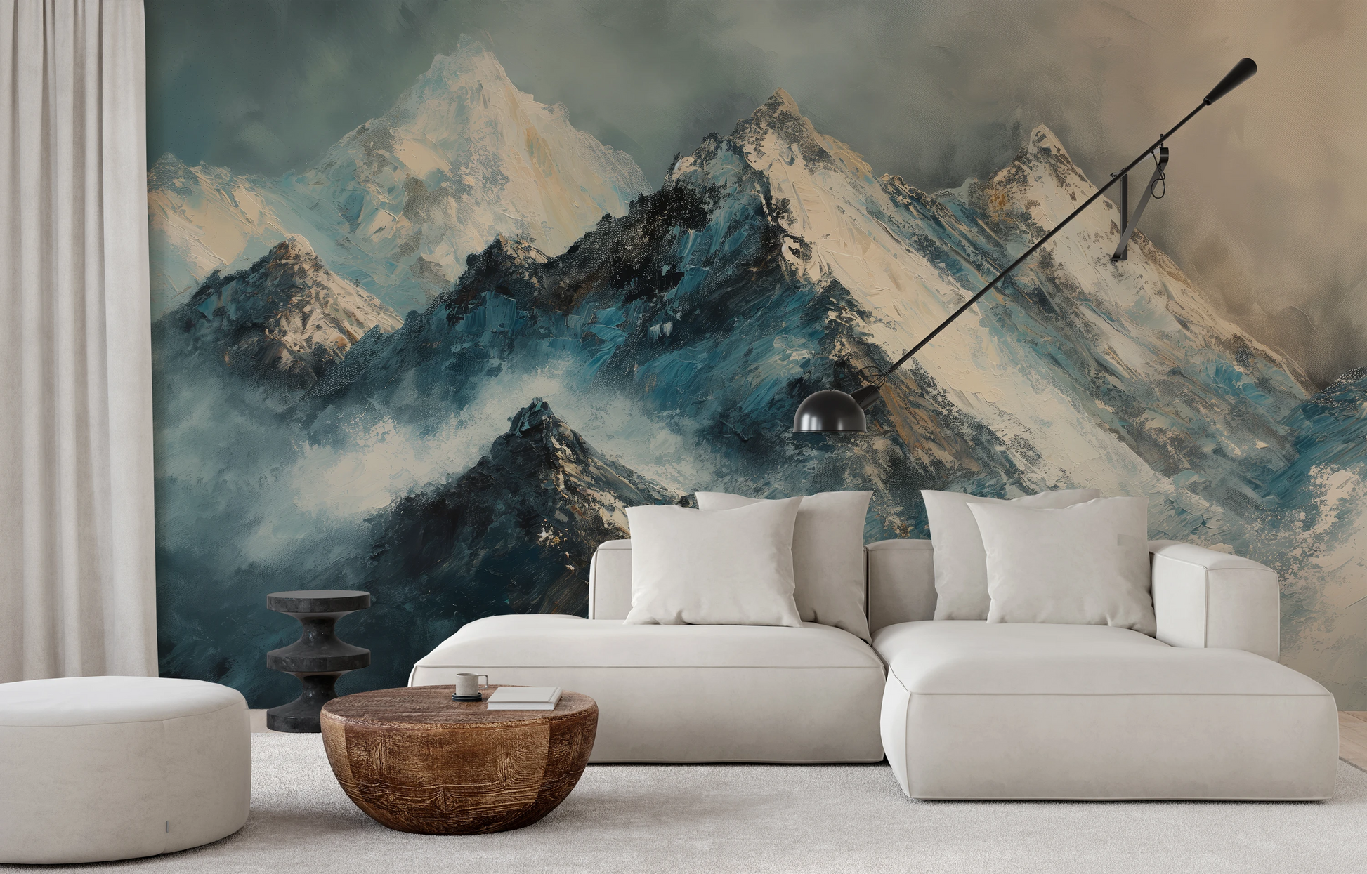Wzór fototapety artystycznej o nazwie Monochrome Peaks pokazanej w aranżacji wnętrza.