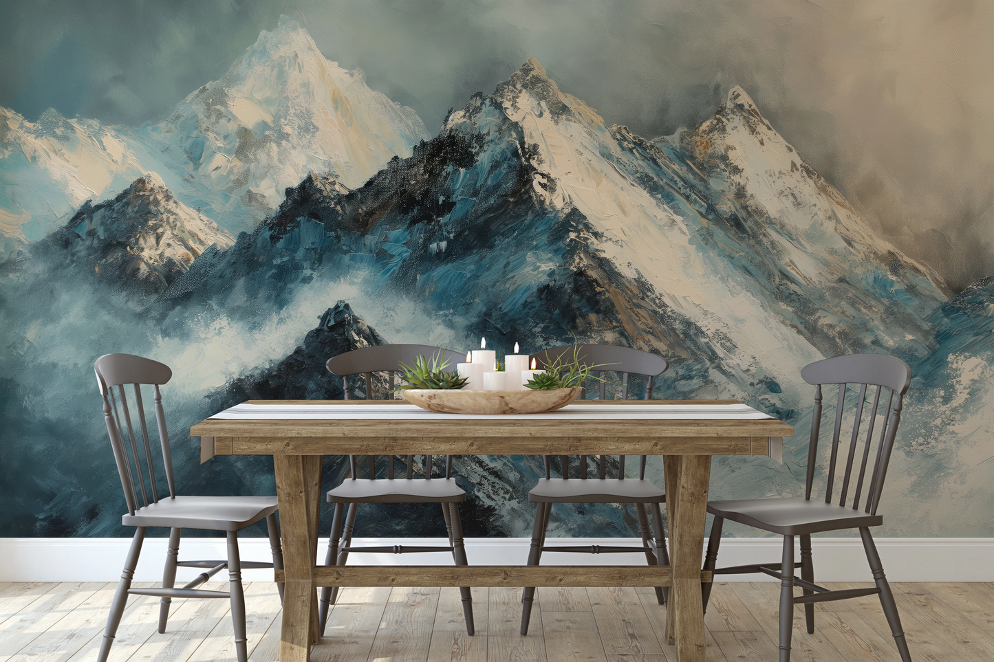 Wzór fototapety malowanej o nazwie Monochrome Peaks pokazanej w aranżacji wnętrza.