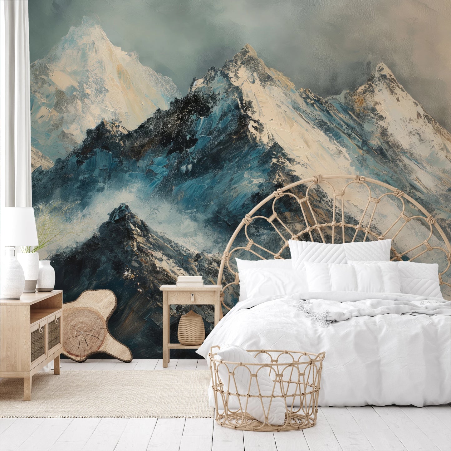 Wzór fototapety artystycznej o nazwie Monochrome Peaks pokazanej w aranżacji wnętrza.