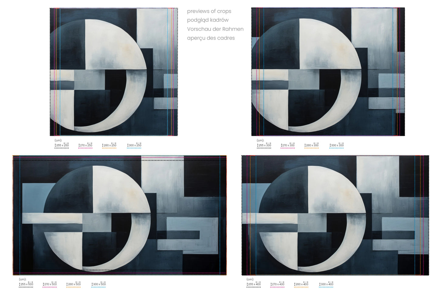 Na obrazie znajduje się prezentacja przykładowych rozmiarów fototapety o nazwie Night Geometry. Rozmiar fototapety jest dowolny.