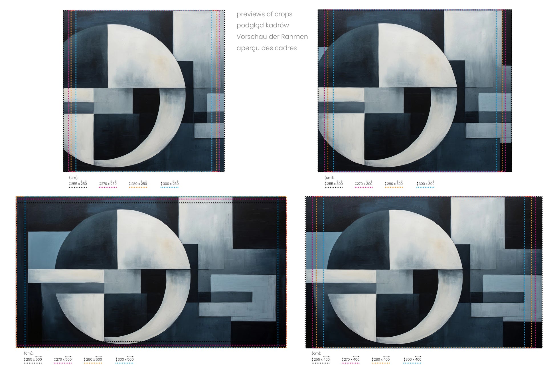 Na obrazie znajduje się prezentacja przykładowych rozmiarów fototapety o nazwie Night Geometry. Rozmiar fototapety jest dowolny.