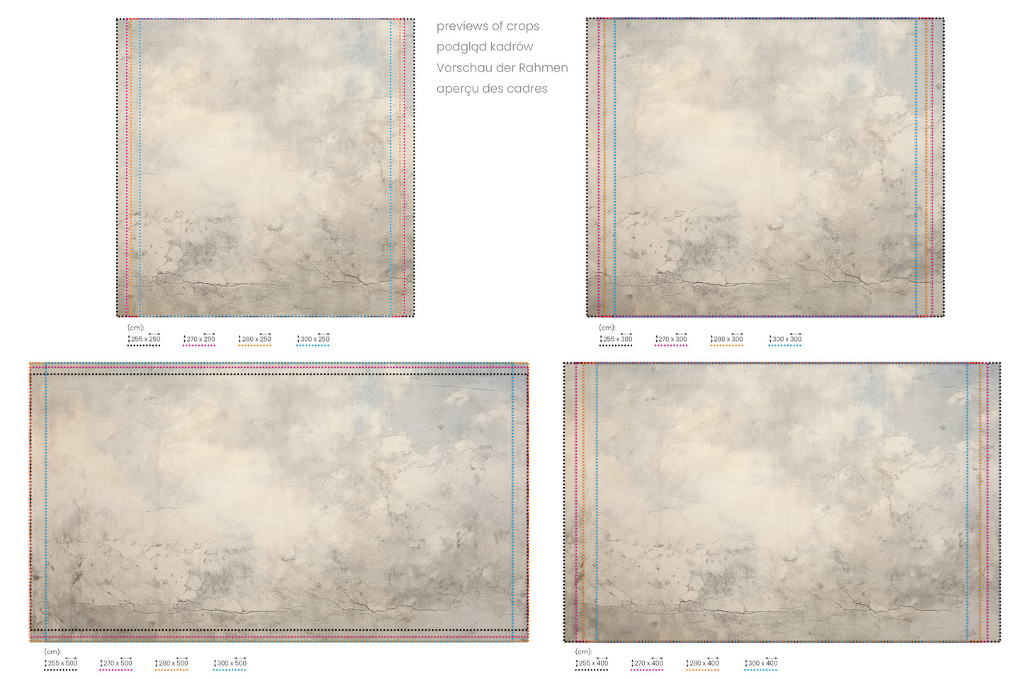 Na obrazie znajduje się prezentacja przykładowych rozmiarów fototapety o nazwie MARBLE SKIES. Rozmiar fototapety jest dowolny.