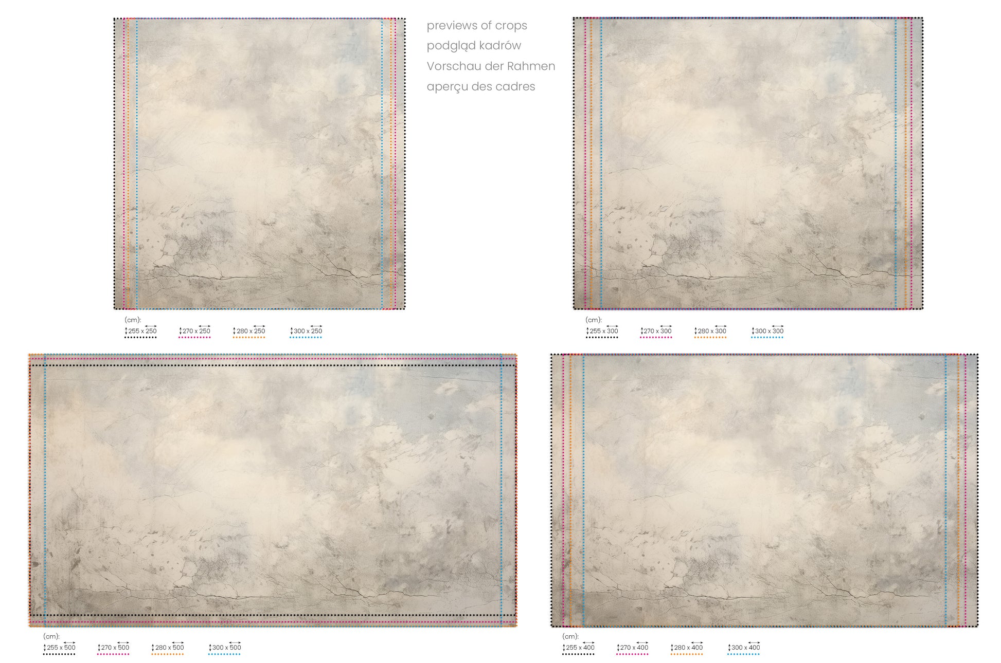 Na obrazie znajduje się prezentacja przykładowych rozmiarów fototapety o nazwie MARBLE SKIES. Rozmiar fototapety jest dowolny.