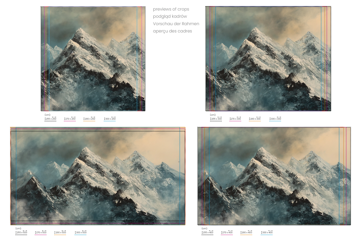 Na obrazie znajduje się prezentacja przykładowych rozmiarów fototapety o nazwie Misty Mountain Mystery. Rozmiar fototapety jest dowolny.