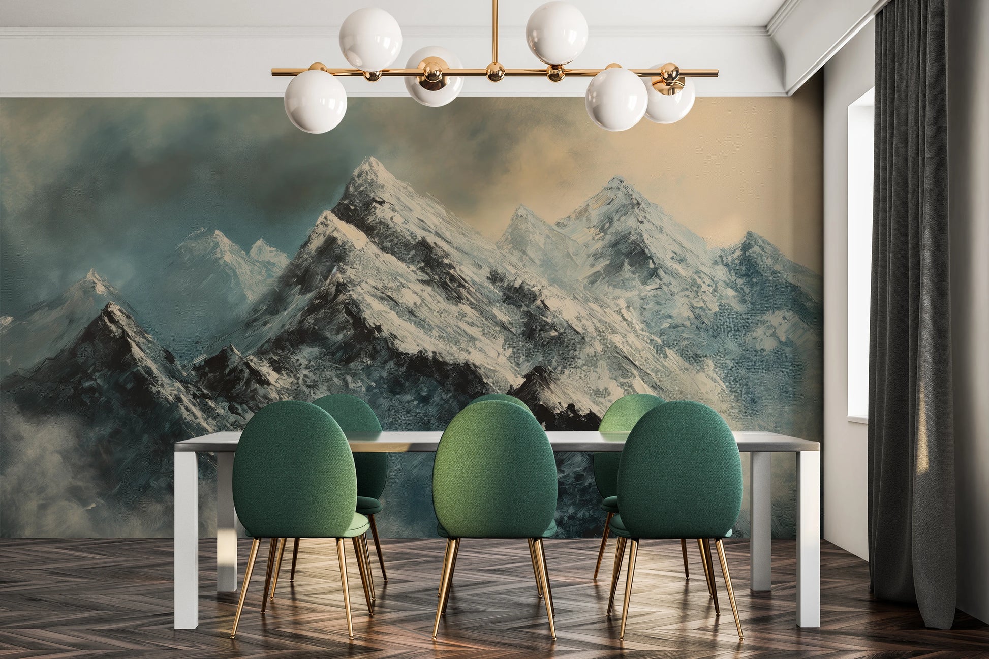 Fototapeta artystyczna o nazwie Misty Mountain Mystery pokazana w aranżacji wnętrza.