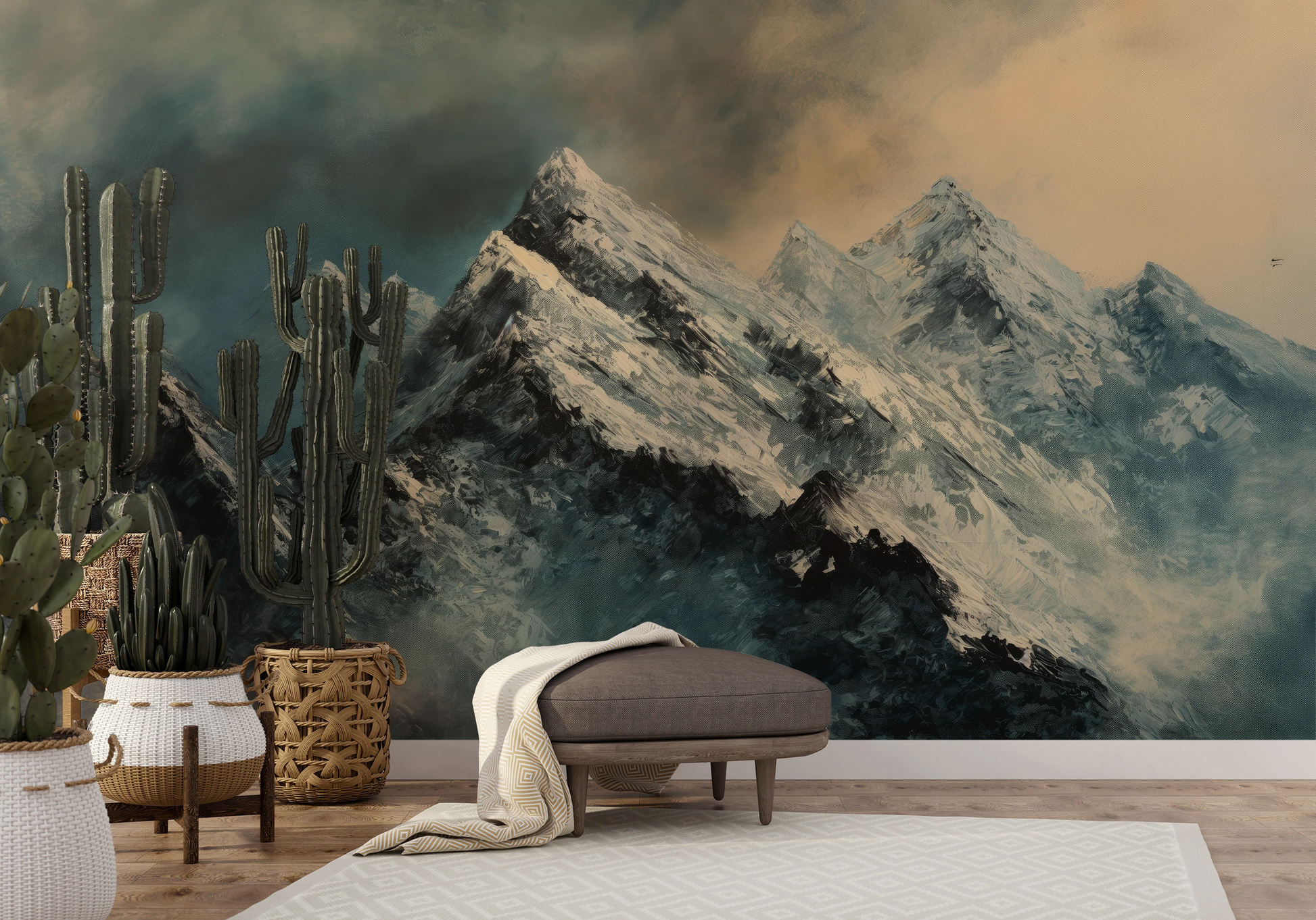 Wzór fototapety malowanej o nazwie Misty Mountain Mystery pokazanej w aranżacji wnętrza.