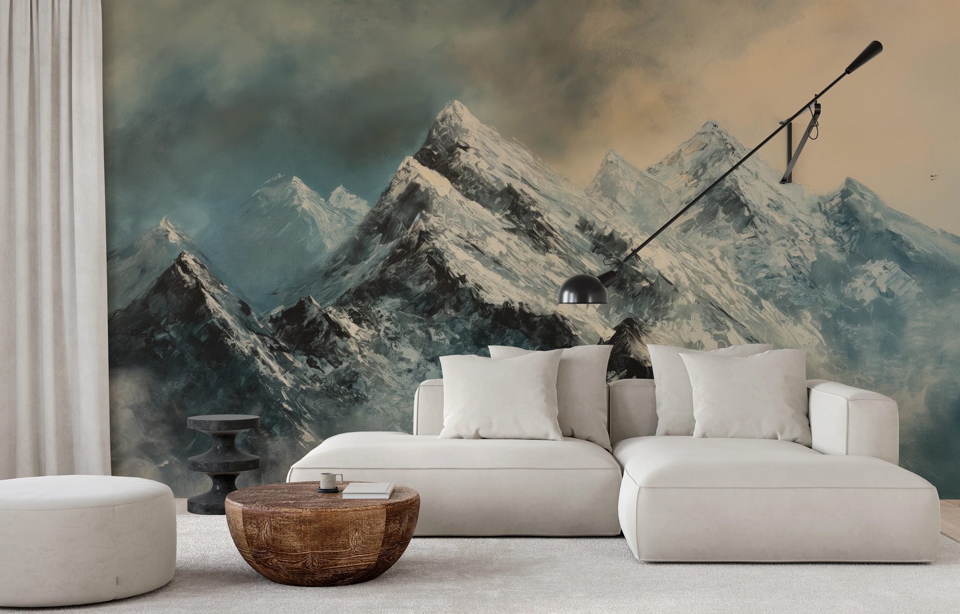 Wzór fototapety artystycznej o nazwie Misty Mountain Mystery pokazanej w aranżacji wnętrza.