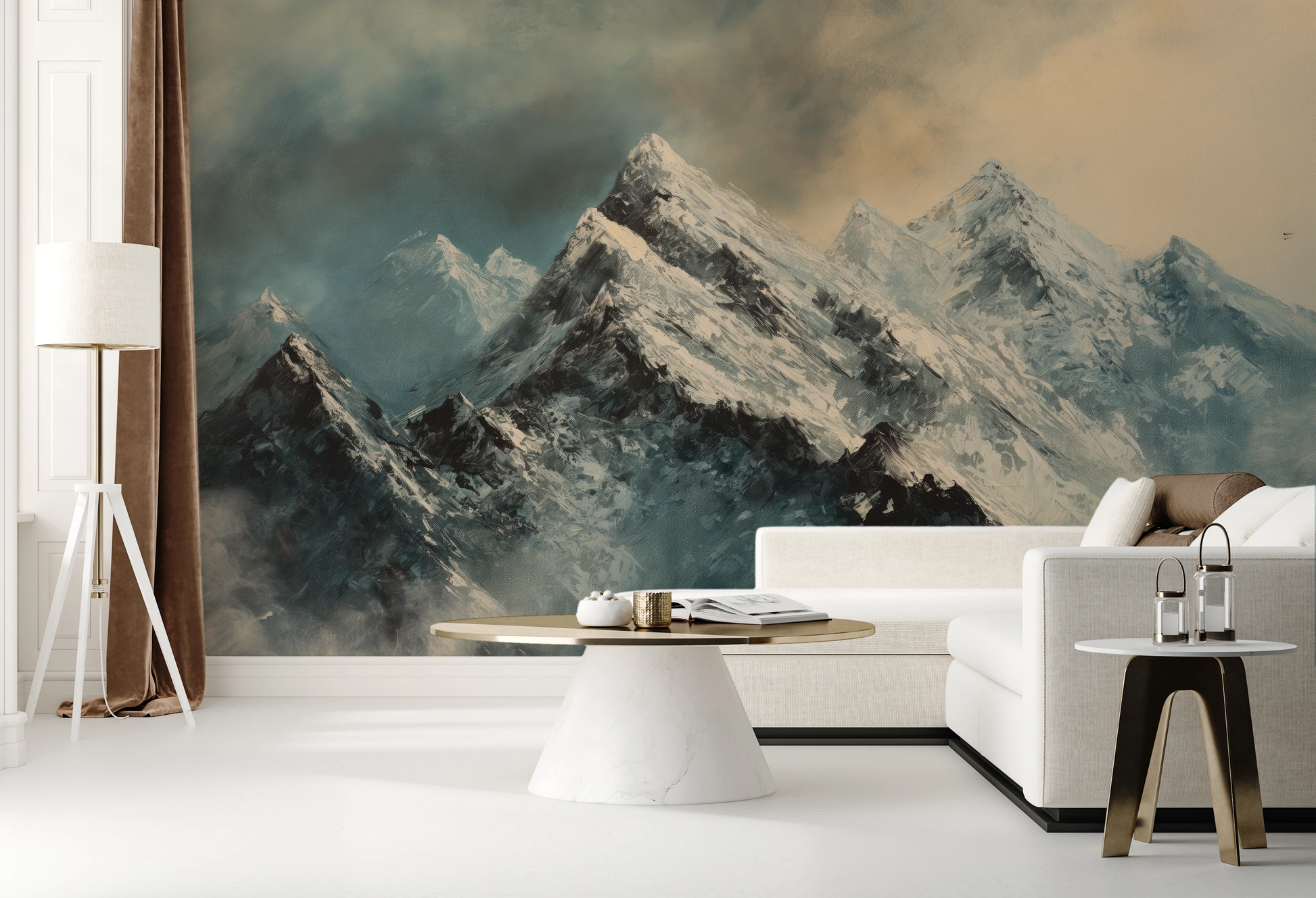 Zdjęcie prezentuje aranżację wnętrza z użyciem fototapety o nazwie Misty Mountain Mystery pokazanej w aranżacji wnętrza.