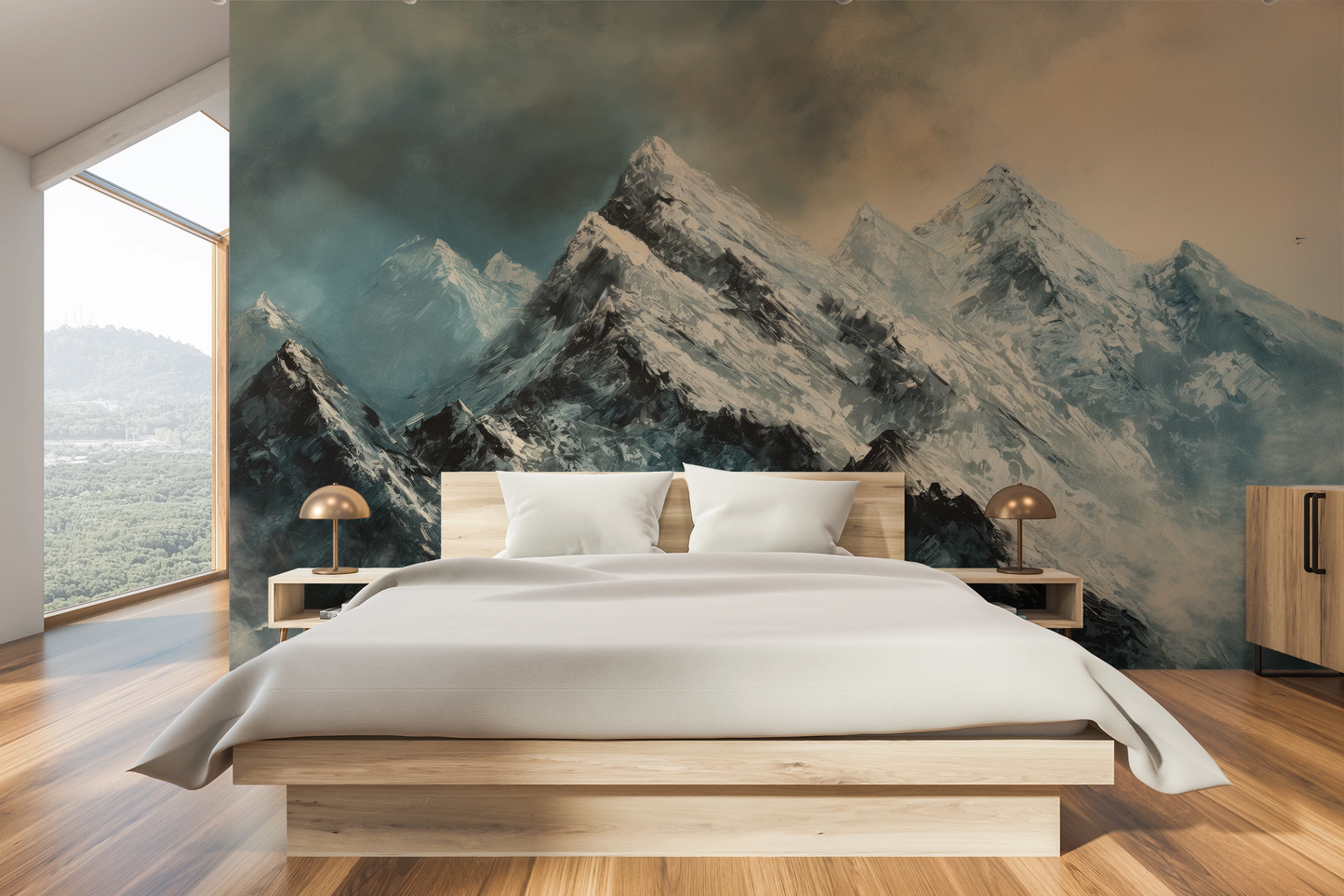 Wzór fototapety artystycznej o nazwie Misty Mountain Mystery pokazanej w aranżacji wnętrza.