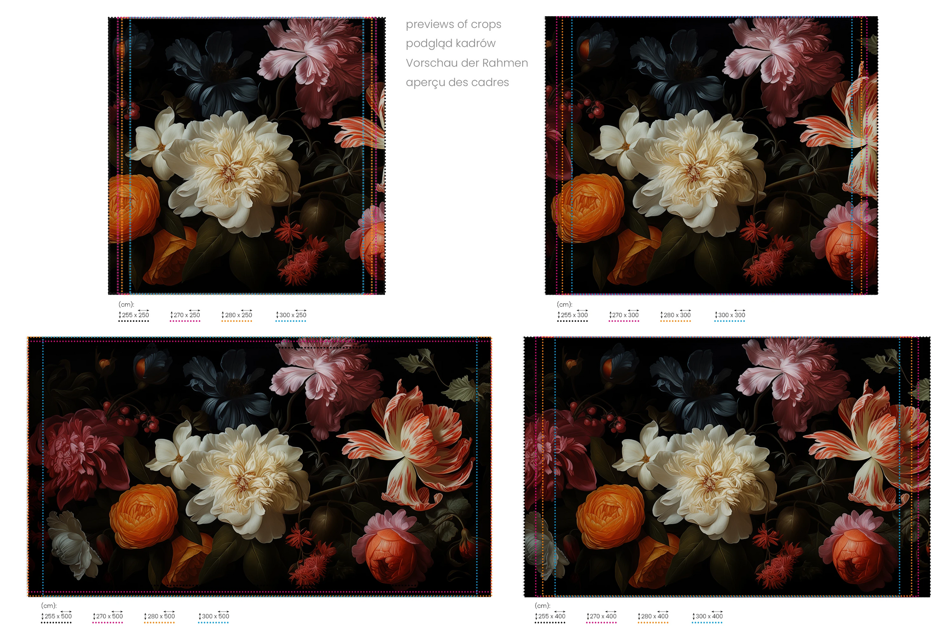 Na obrazie znajduje się prezentacja przykładowych rozmiarów fototapety o nazwie Baroque Flower Scene. Rozmiar fototapety jest dowolny.