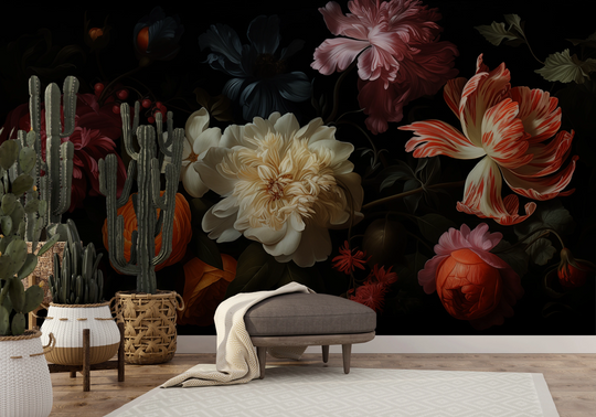 Wzór fototapety artystycznej o nazwie Baroque Flower Scene pokazanej w aranżacji wnętrza.