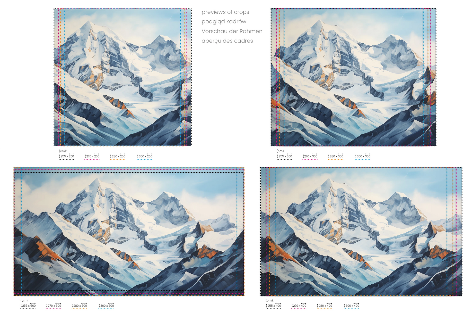 Na obrazie znajduje się prezentacja przykładowych rozmiarów fototapety o nazwie Crystalline Heights. Rozmiar fototapety jest dowolny.