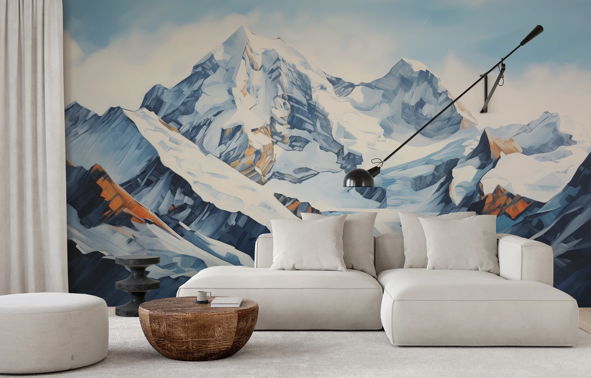 Zdjęcie prezentuje aranżację wnętrza z użyciem fototapety o nazwie Crystalline Heights pokazanej w aranżacji wnętrza.