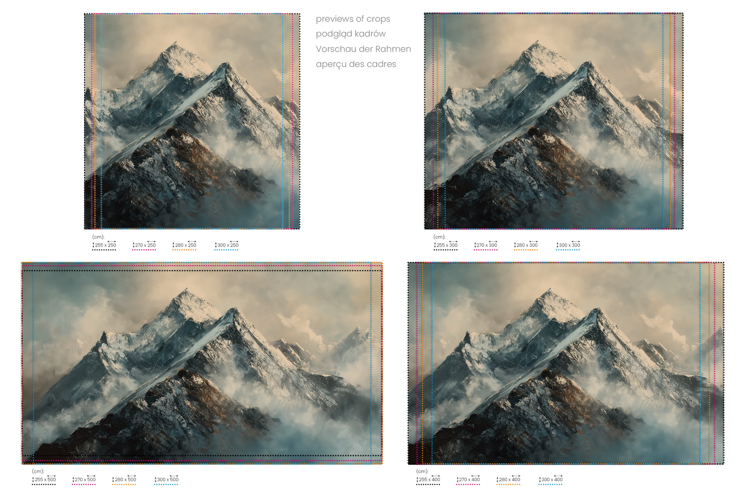 Na obrazie znajduje się prezentacja przykładowych rozmiarów fototapety o nazwie Frosty Peaks. Rozmiar fototapety jest dowolny.