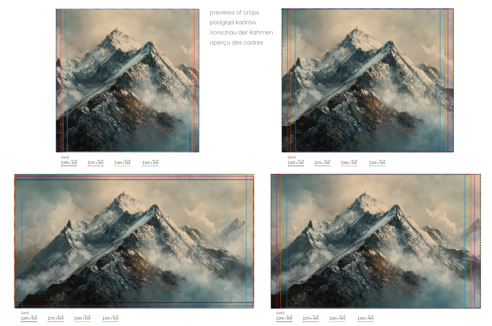 Na obrazie znajduje się prezentacja przykładowych rozmiarów fototapety o nazwie Frosty Peaks. Rozmiar fototapety jest dowolny.