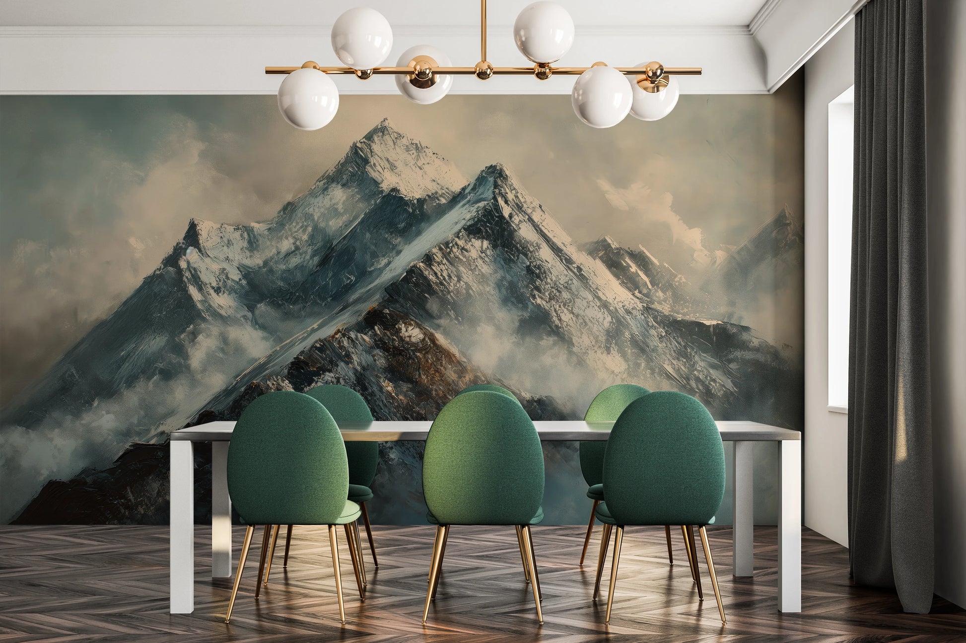 Fototapeta malowana o nazwie Frosty Peaks pokazana w aranżacji wnętrza.