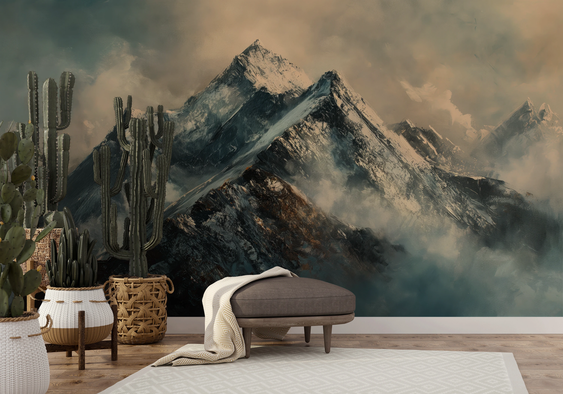 Fototapeta artystyczna o nazwie Frosty Peaks pokazana w aranżacji wnętrza.