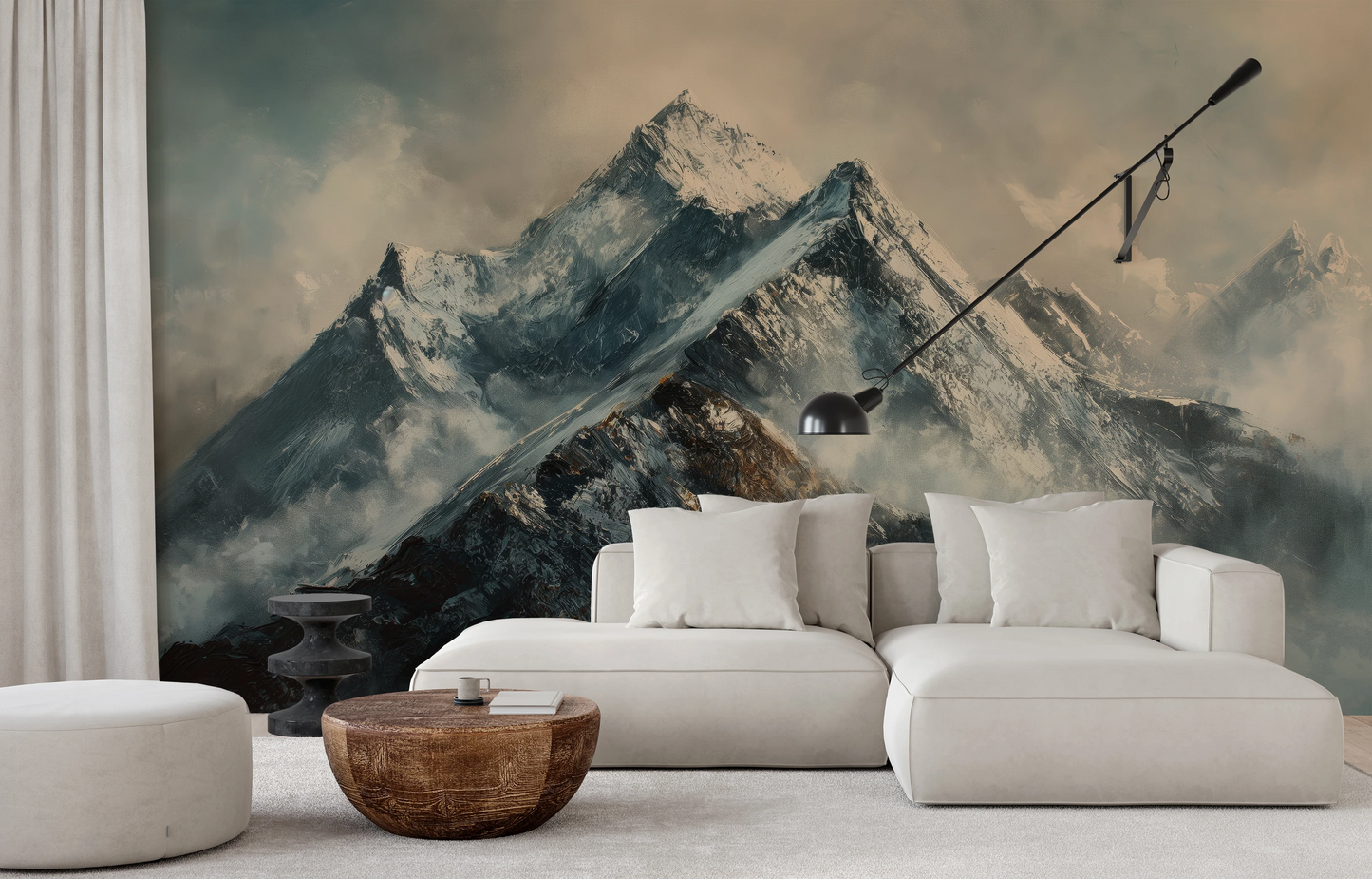 Wzór fototapety artystycznej o nazwie Frosty Peaks pokazanej w aranżacji wnętrza.